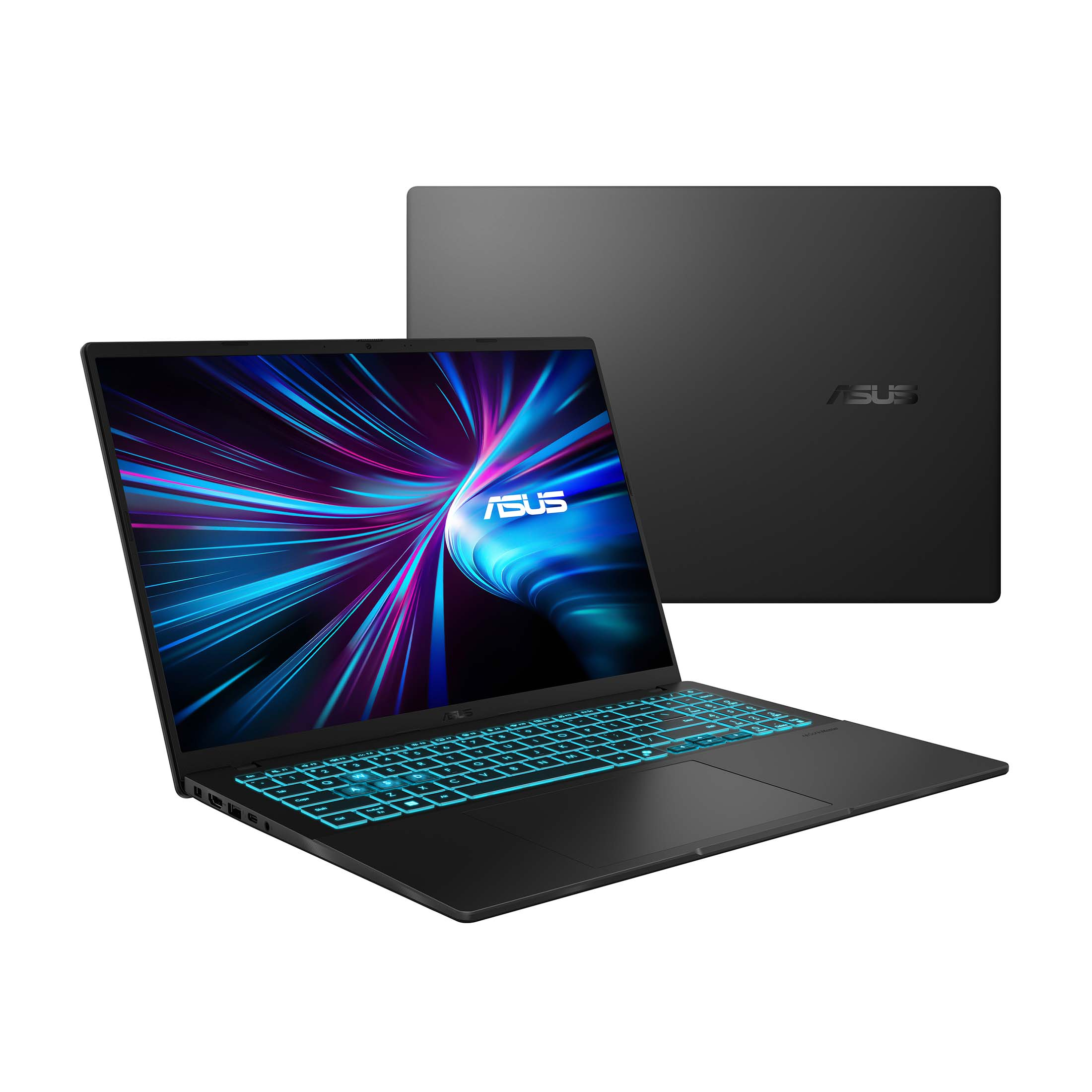 Schwarzer ASUS-Laptop mit leuchtender Tastatur. Zweiter Laptop im Hintergrund. Bildschirm zeigt blaues und violettes Lichtdesign.