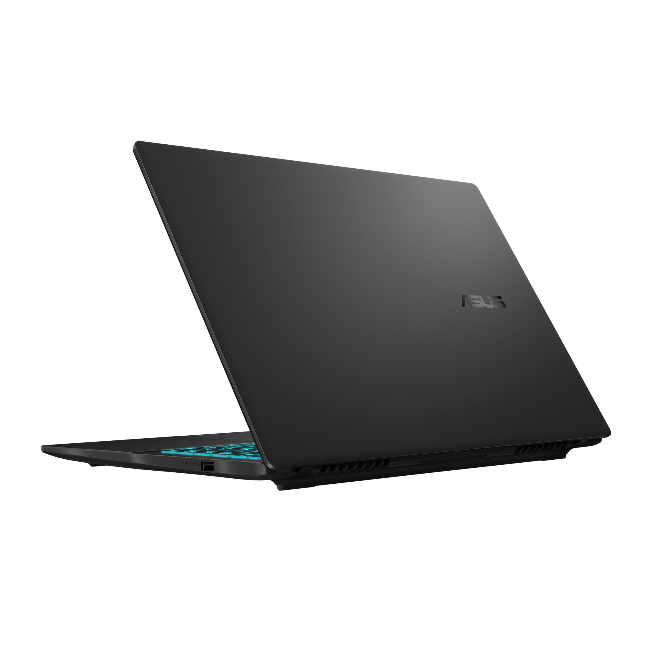 Schwarzer Laptop mit geöffnetem Deckel, der eine blau beleuchtete Tastatur zeigt. Das ASUS-Logo ist sichtbar.