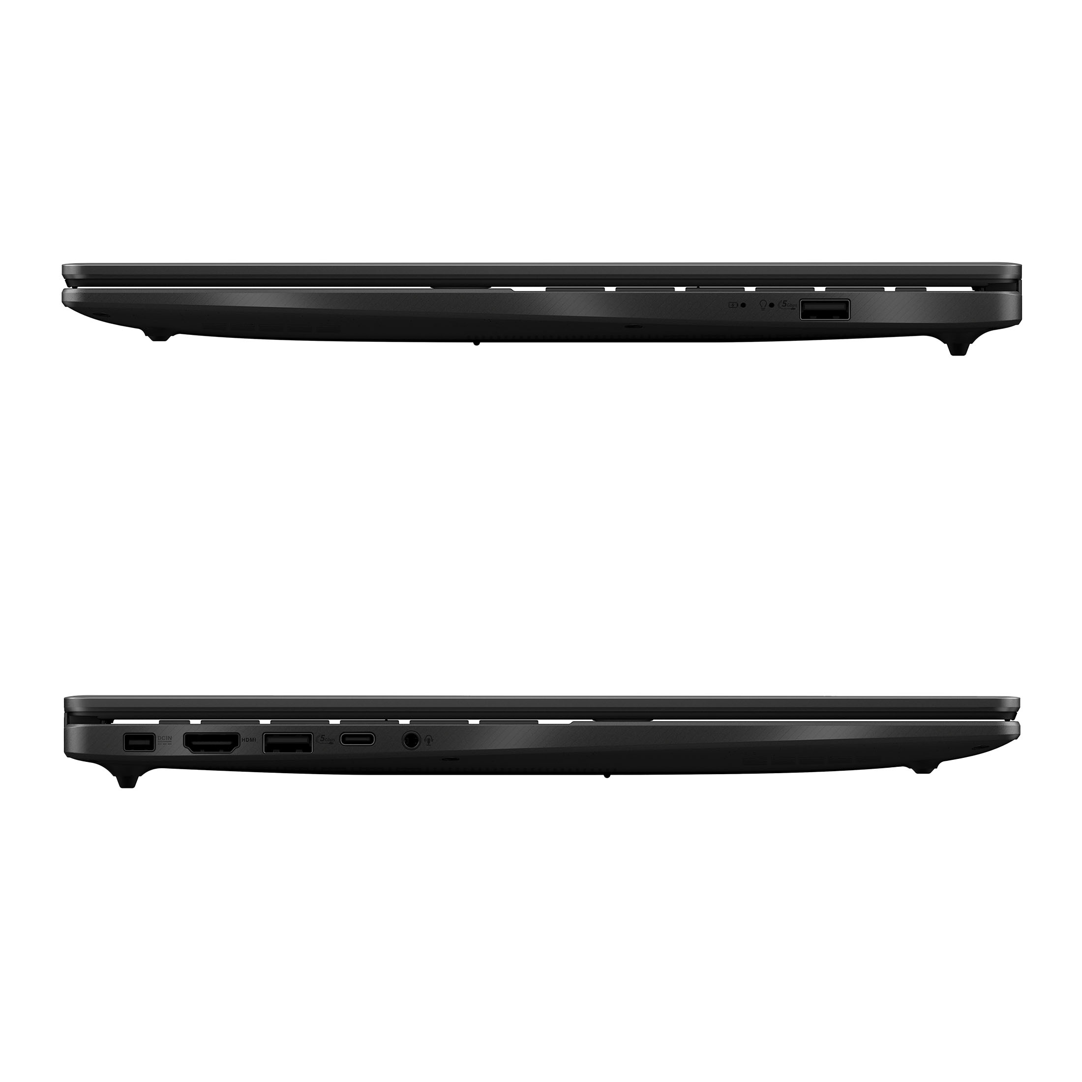 Seitenansicht eines schwarzen Laptops. Anschlüsse sind sichtbar. Der Hintergrund ist weiß.