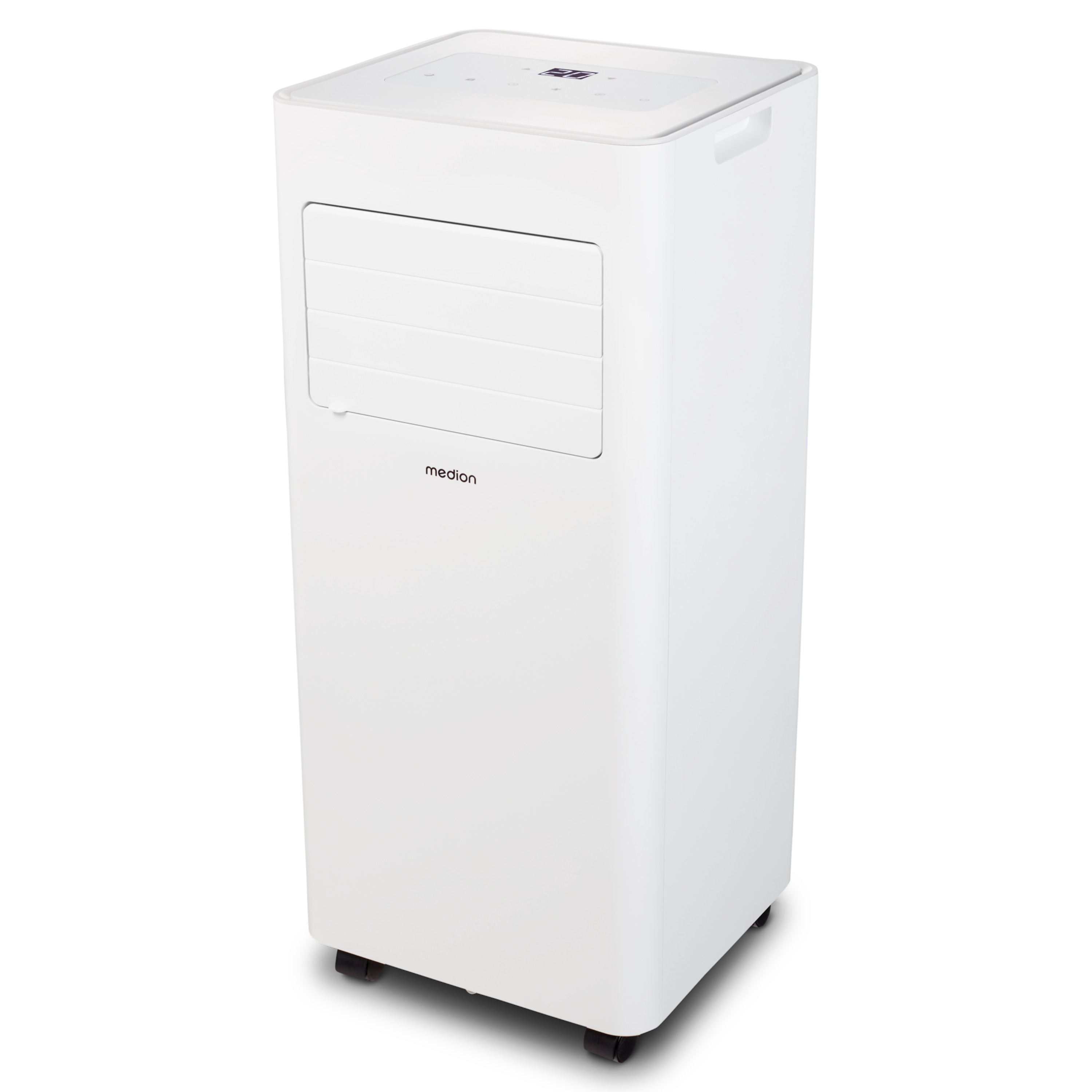 White Medion portable air conditioner. Features a vent, control panel, and wheels. The brand name is visible.