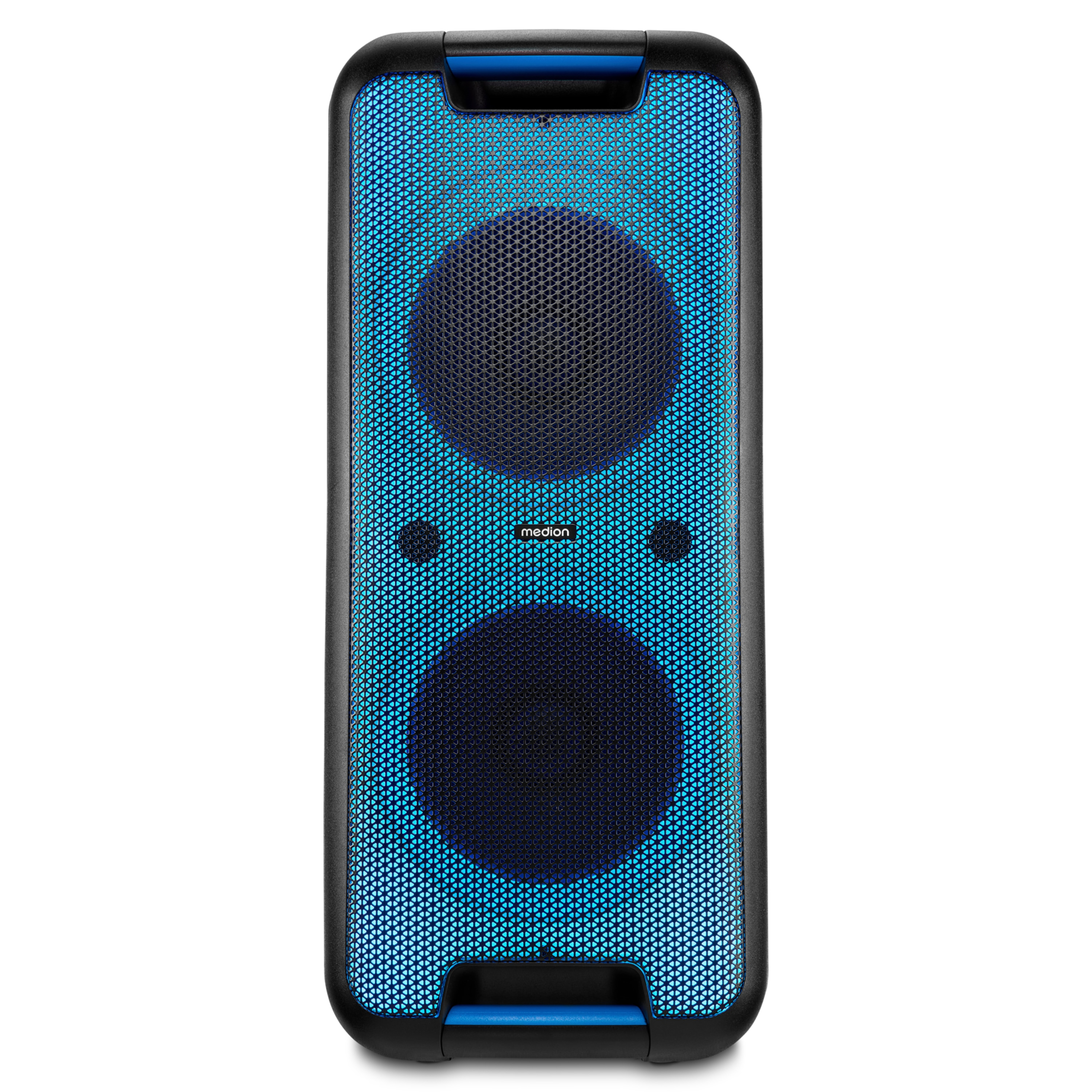 Un altoparlante nero alto con un design a griglia blu sulla parte anteriore. Sono visibili due coperchi rotondi per altoparlanti blu scuro.