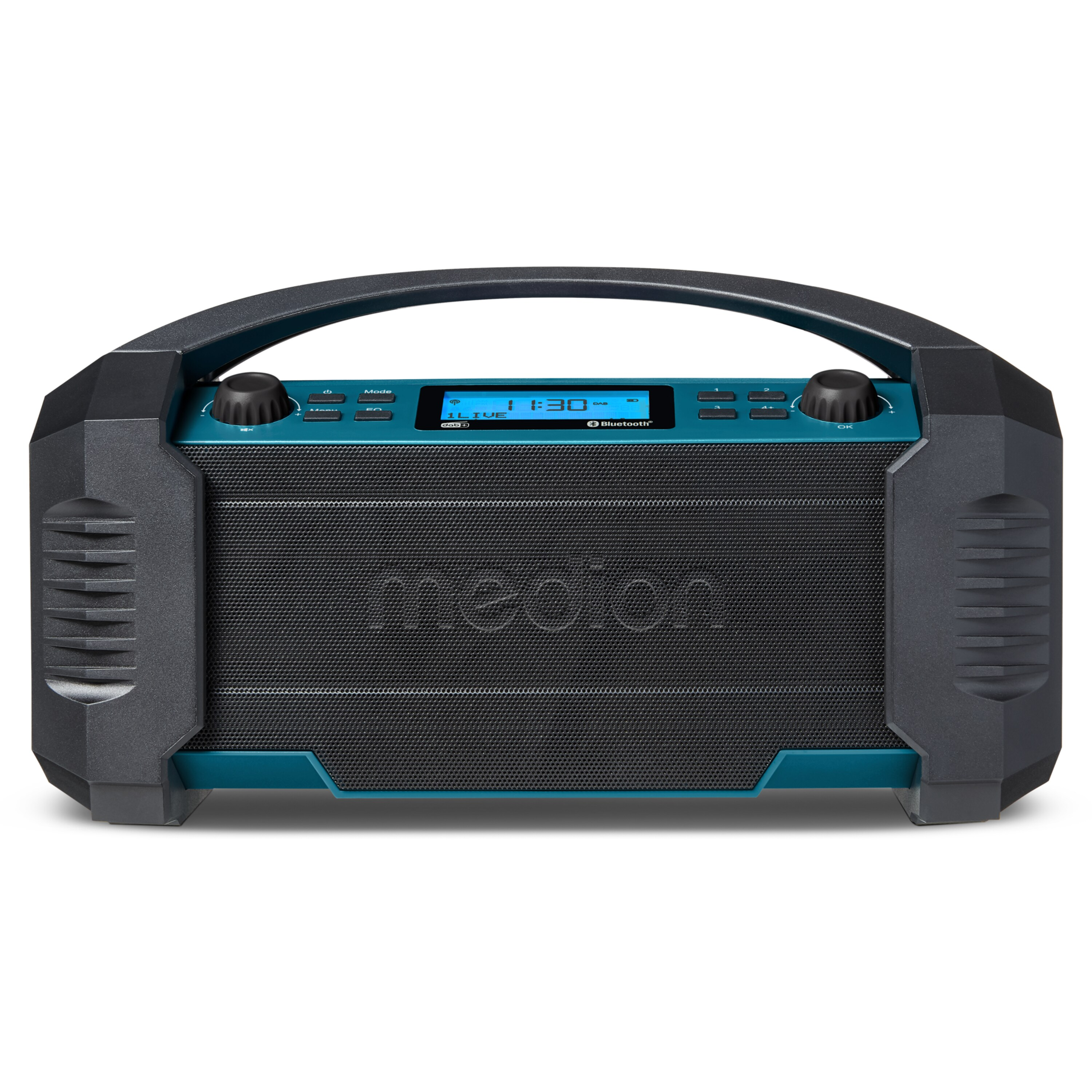 Ein teal-schwarzer Medion-Lautsprecher. Er hat einen Griff, ein Display mit 1:30 und Bluetooth.