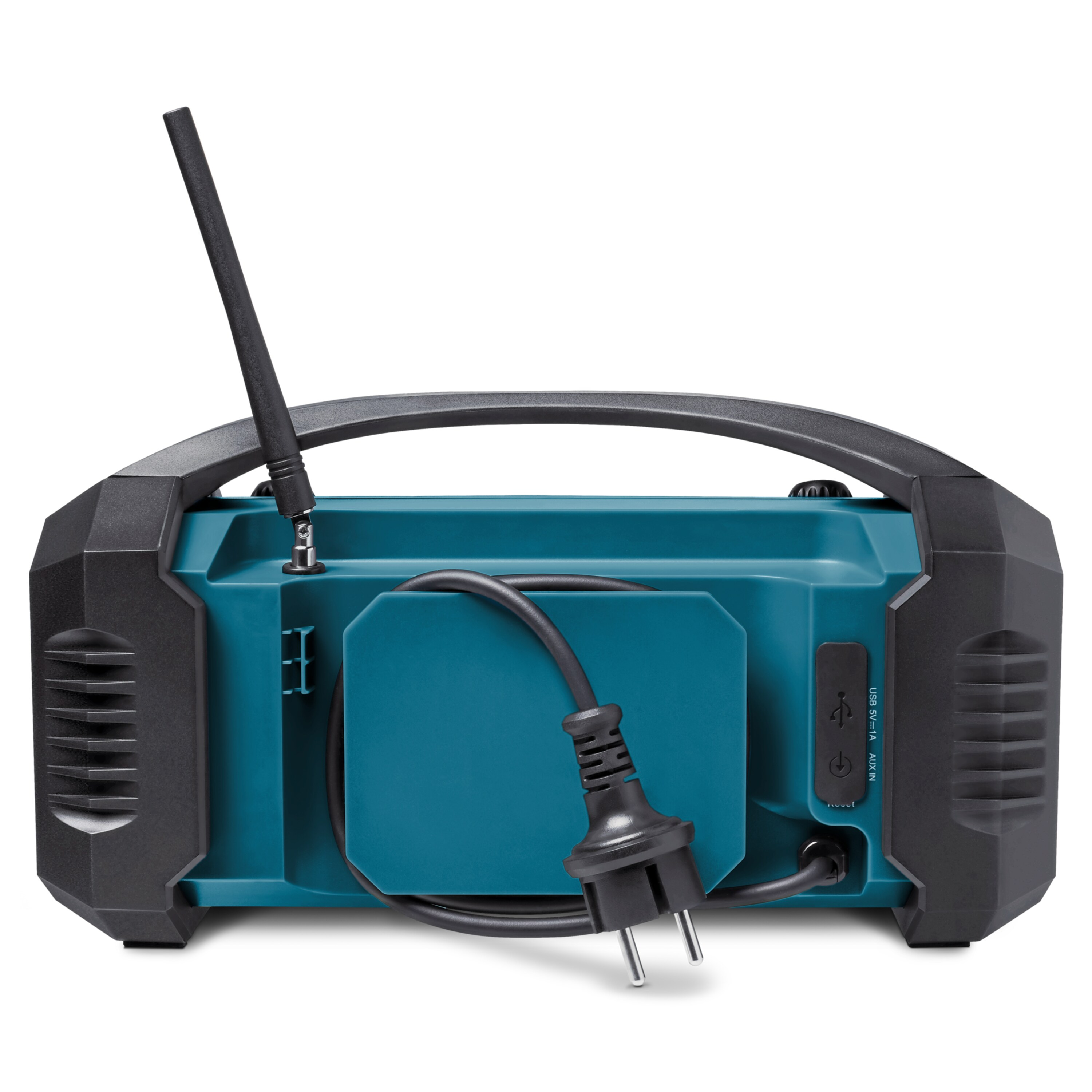Ein türkisfarbenes und schwarzes Radio mit schwarzer Antenne und Griff. Ein schwarzes Netzkabel mit Stecker ist eingesteckt.