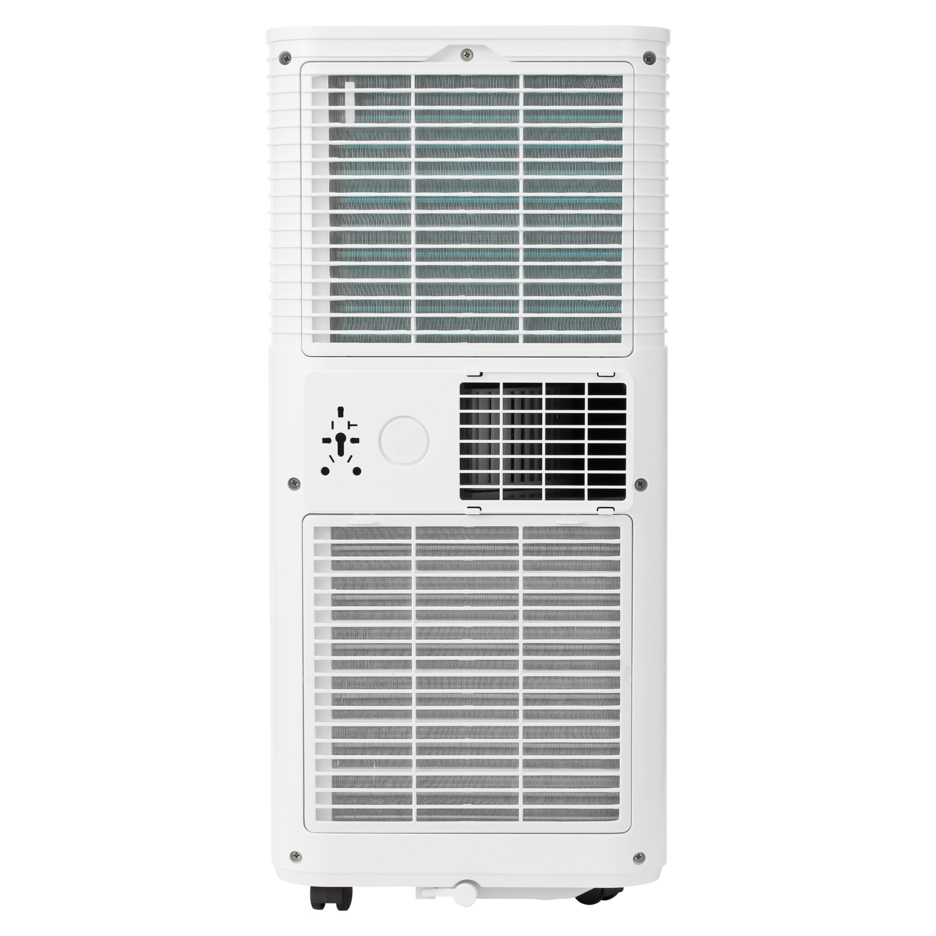Vista trasera de un aire acondicionado portátil blanco. Tiene rejillas, un panel de control y ruedas.
