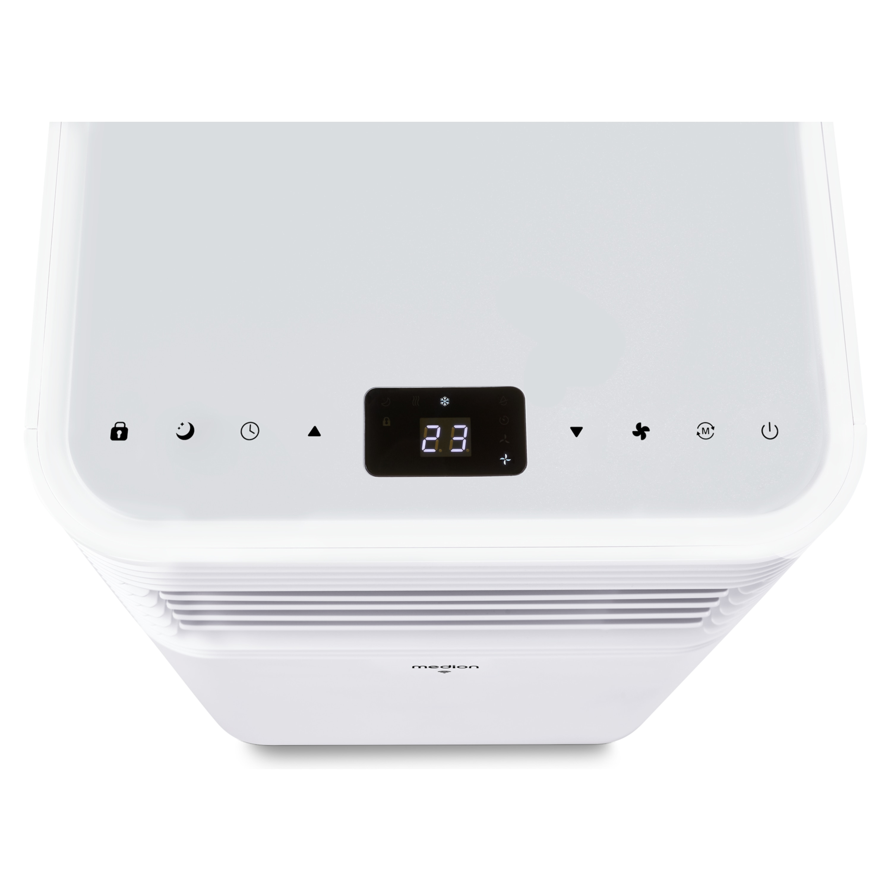 Purificador de aire blanco con pantalla digital que muestra 23. Varios iconos y el logotipo de 'medion' son visibles.