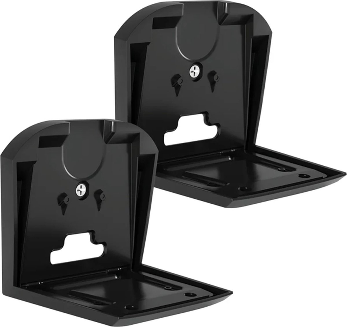 Two black, open, rectangular brackets are shown. Each has a curved top and a flat, open bottom. Screws are visible within them.