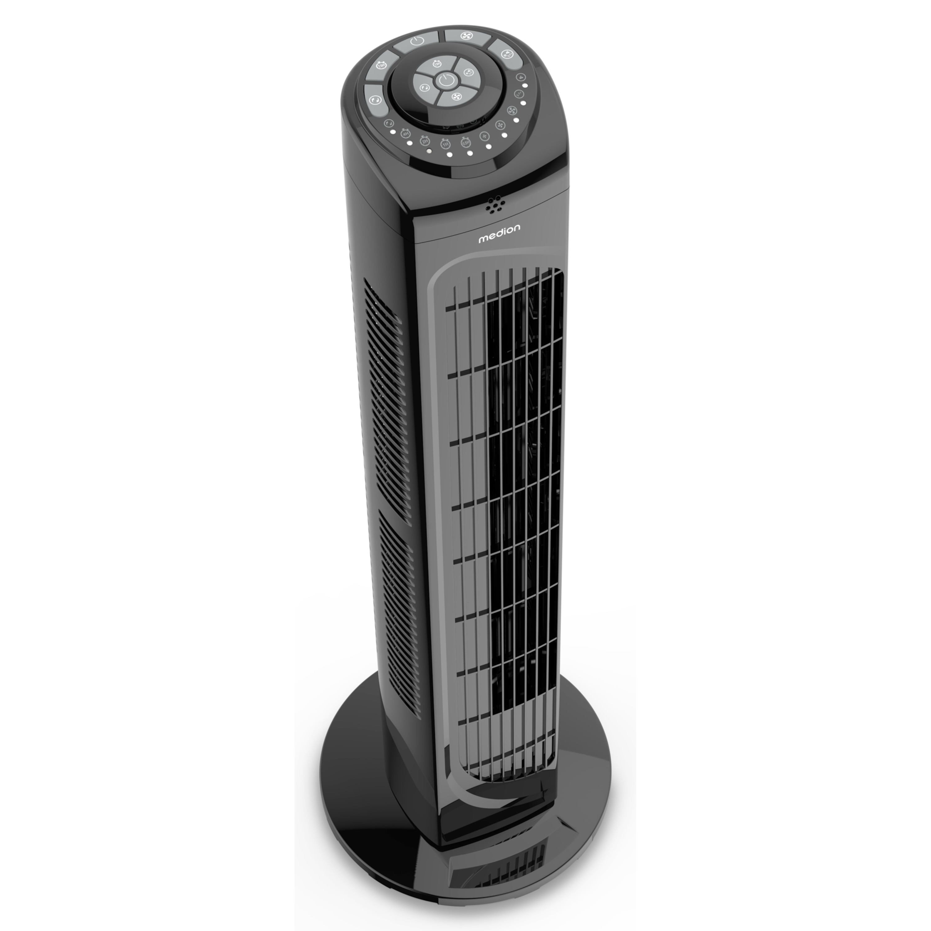 Schwarzer Turmventilator. Er hat einen runden Fuß, einen hohen Körper mit Gitter und ein Bedienfeld.