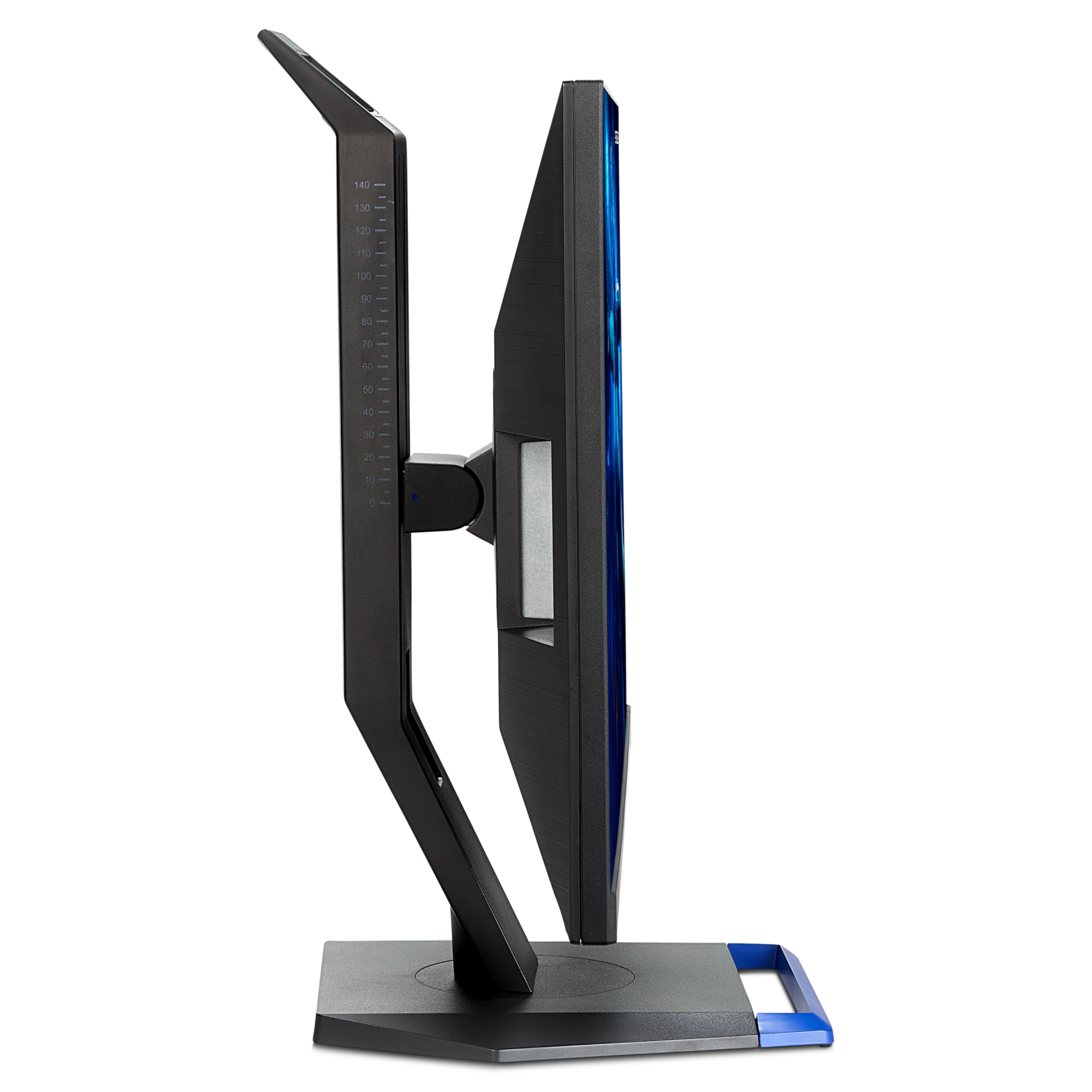A side view of a black computer monitor with a blue screen. The stand is black with blue accents.