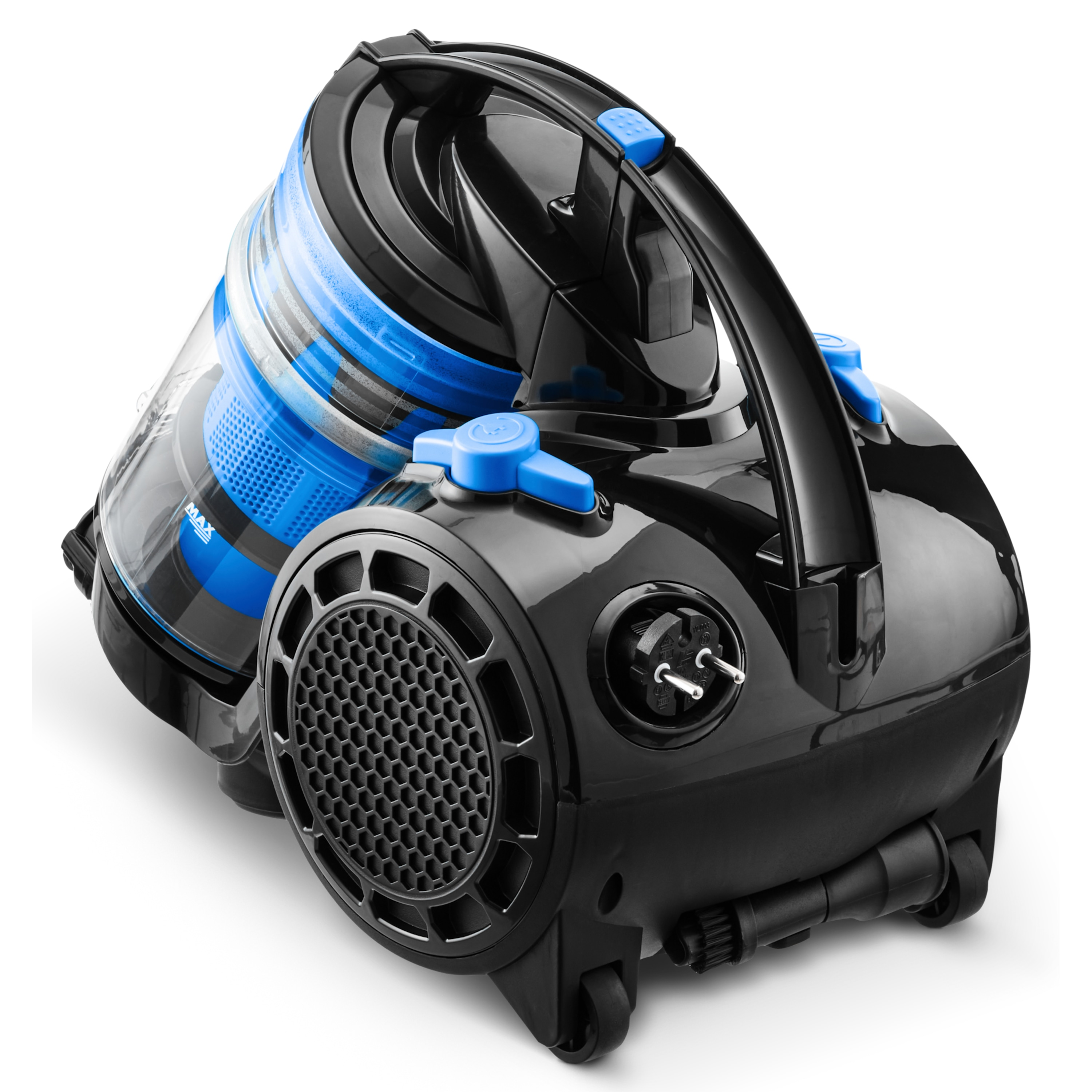 Aspiradora negra con detalles azules. Tiene ruedas, asa y un contenedor de polvo cilíndrico.
