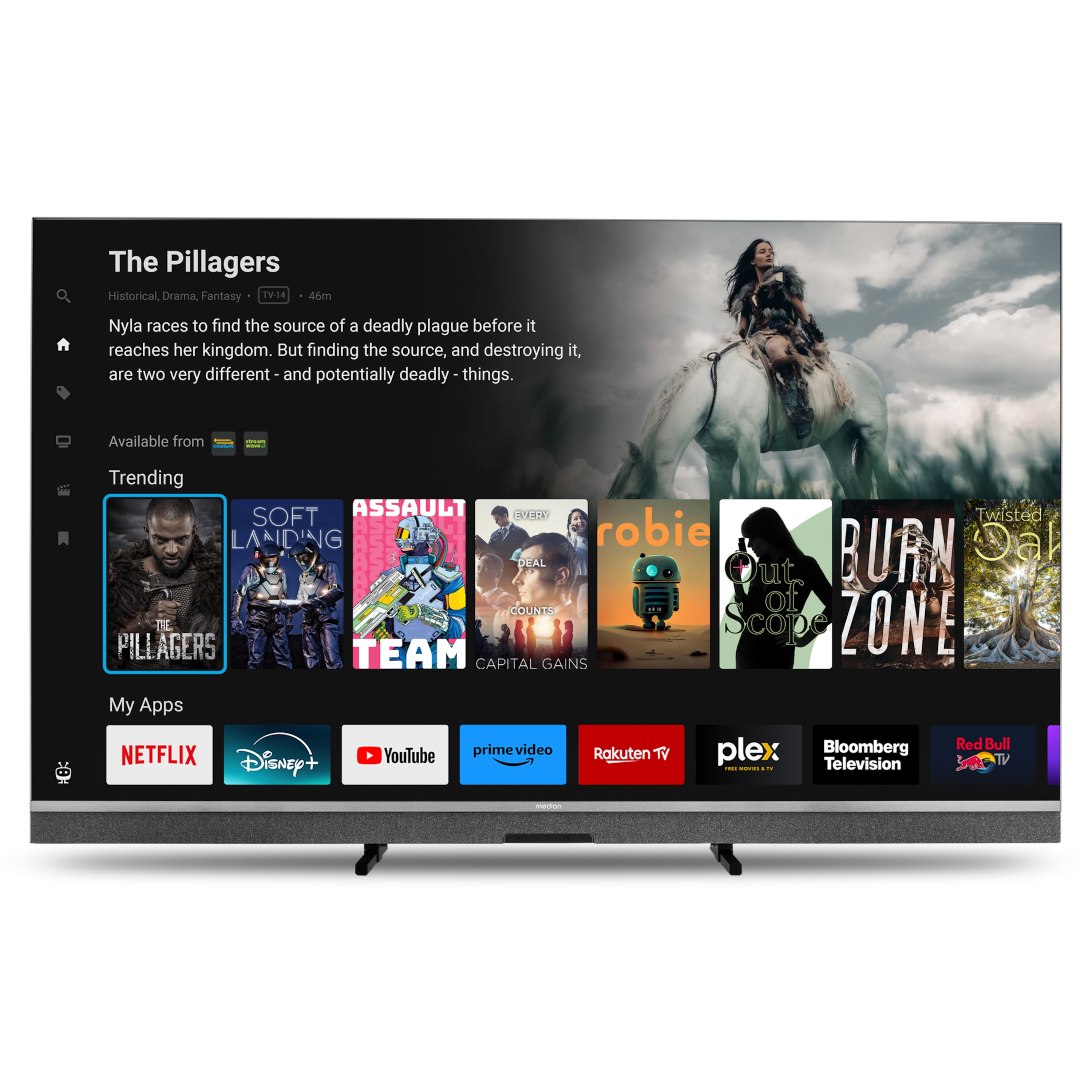 Ein Fernsehbildschirm zeigt eine Filmszene. Es zeigt eine Frau auf einem Pferd und eine Auswahl an Apps.