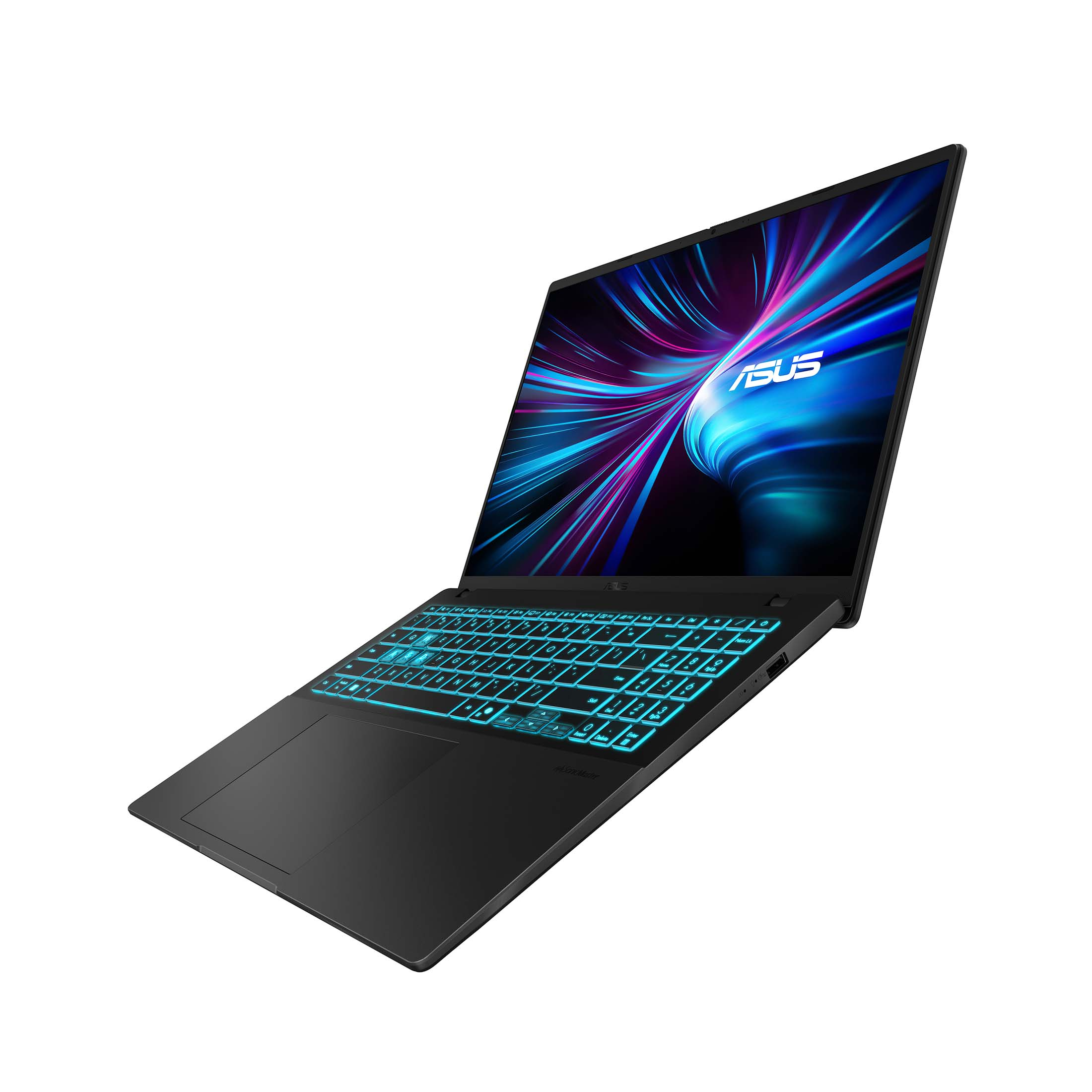 Ein schwarzer Laptop mit blau hinterleuchteter Tastatur und einem Bildschirm, der ein blaues und violettes abstraktes Design zeigt.