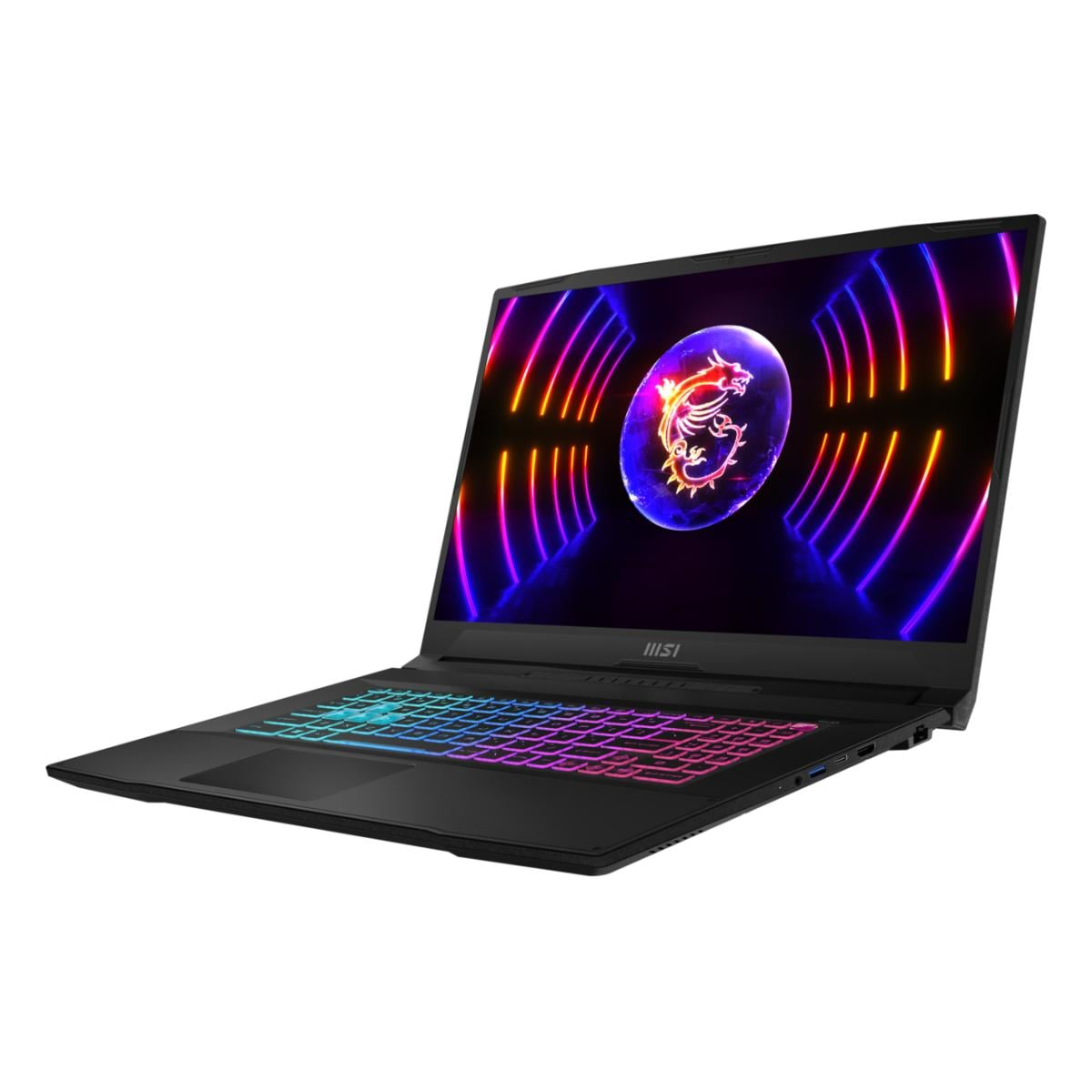 Ein schwarzer MSI-Laptop mit einem Drachenlogo, farbiger Tastaturbeleuchtung und Bildschirmgrafiken auf weißem Hintergrund.