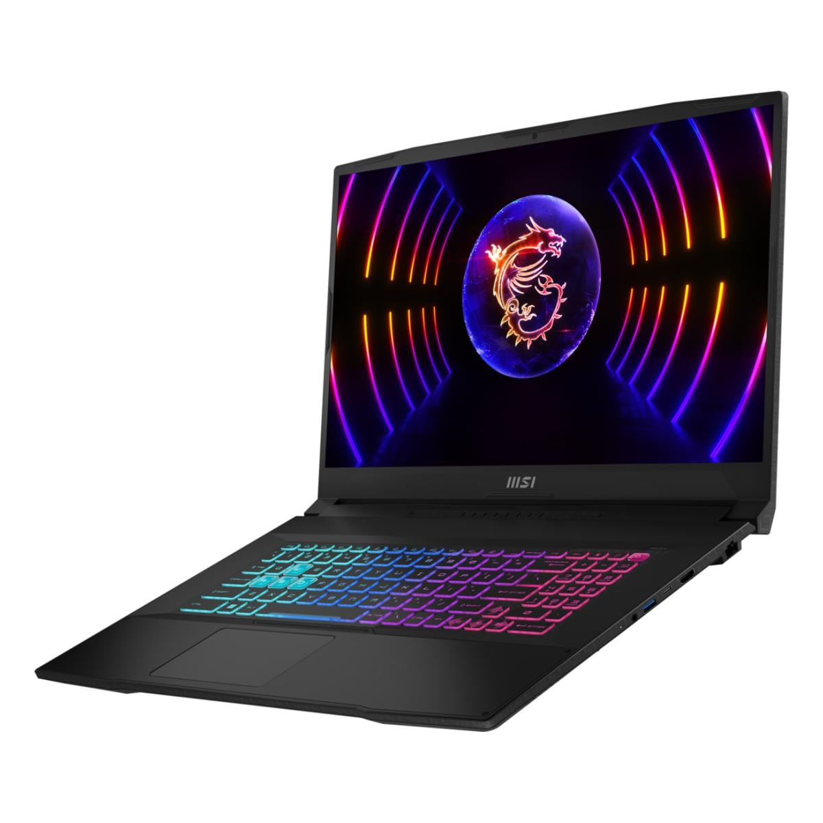 Ein schwarzer MSI-Laptop mit bunter Tastatur. Der Bildschirm zeigt ein Drachenlogo und Neonlicht-Hintergrund.