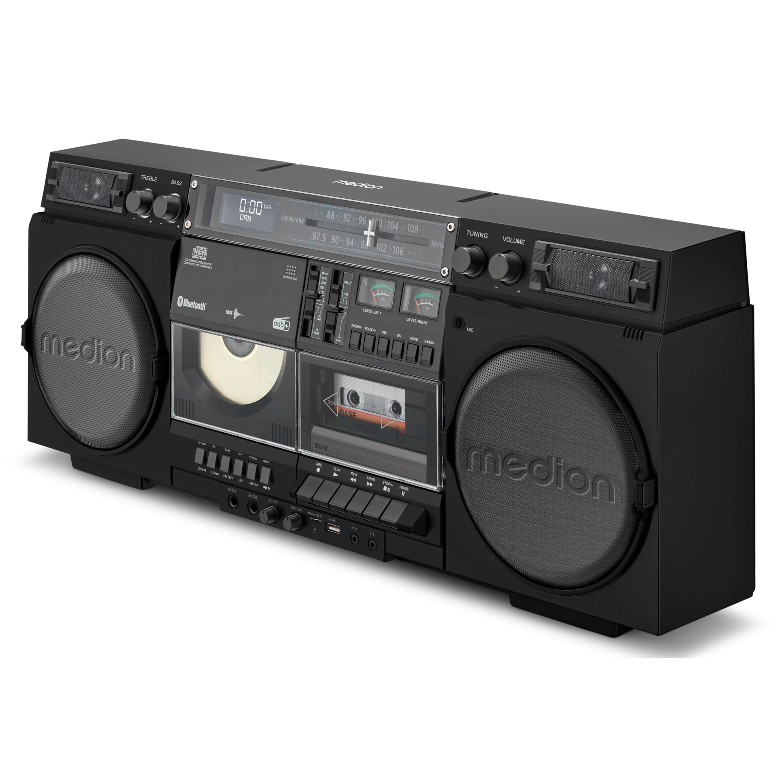 Czarny boombox Medion z głośnikami, odtwarzaczem CD, magnetofonem kasetowym i tunerem radiowym, z przyciskami i pokrętłami.