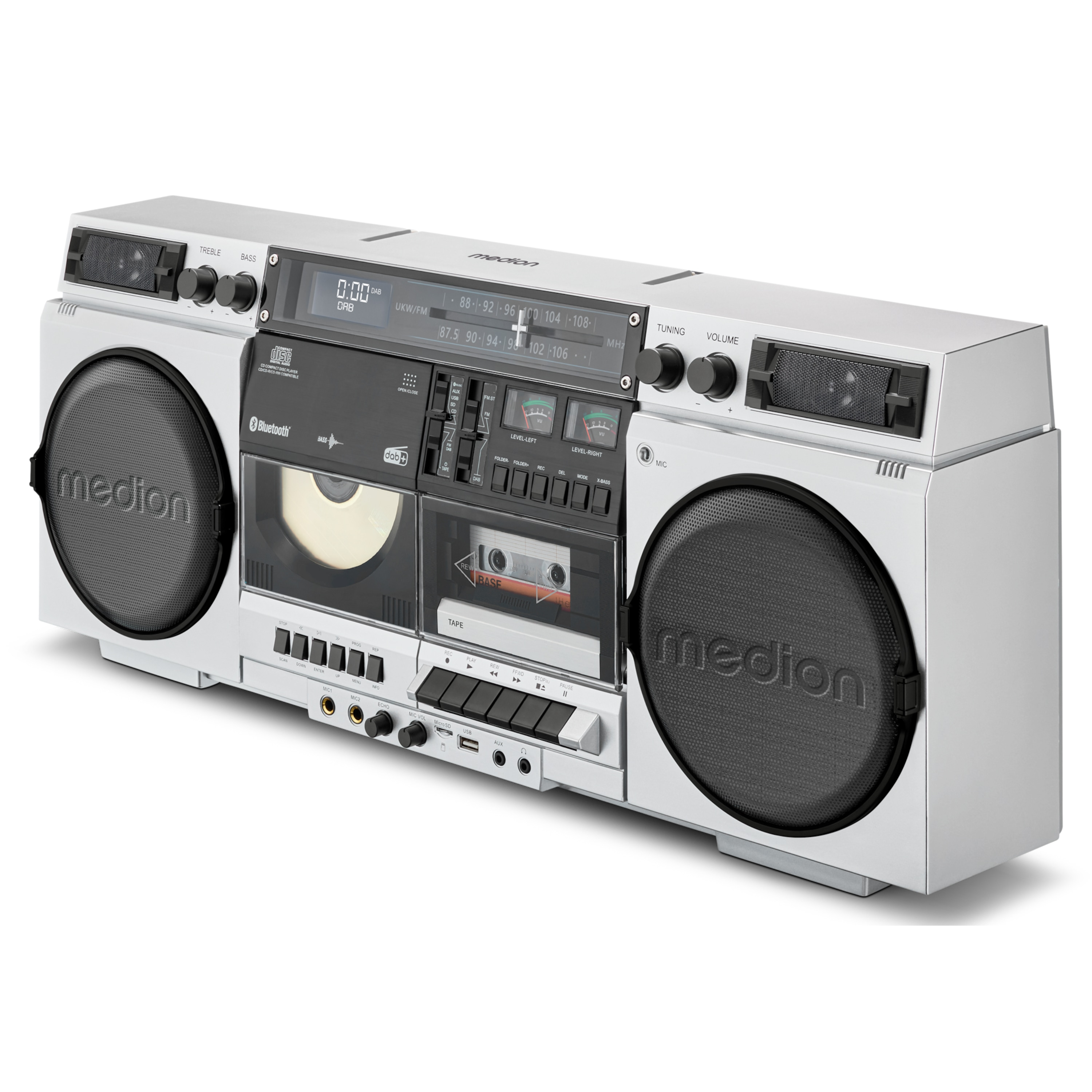 Silberfarbener Ghettoblaster mit schwarzen Lautsprechern und Bedienelementen. Er hat einen CD-Player.