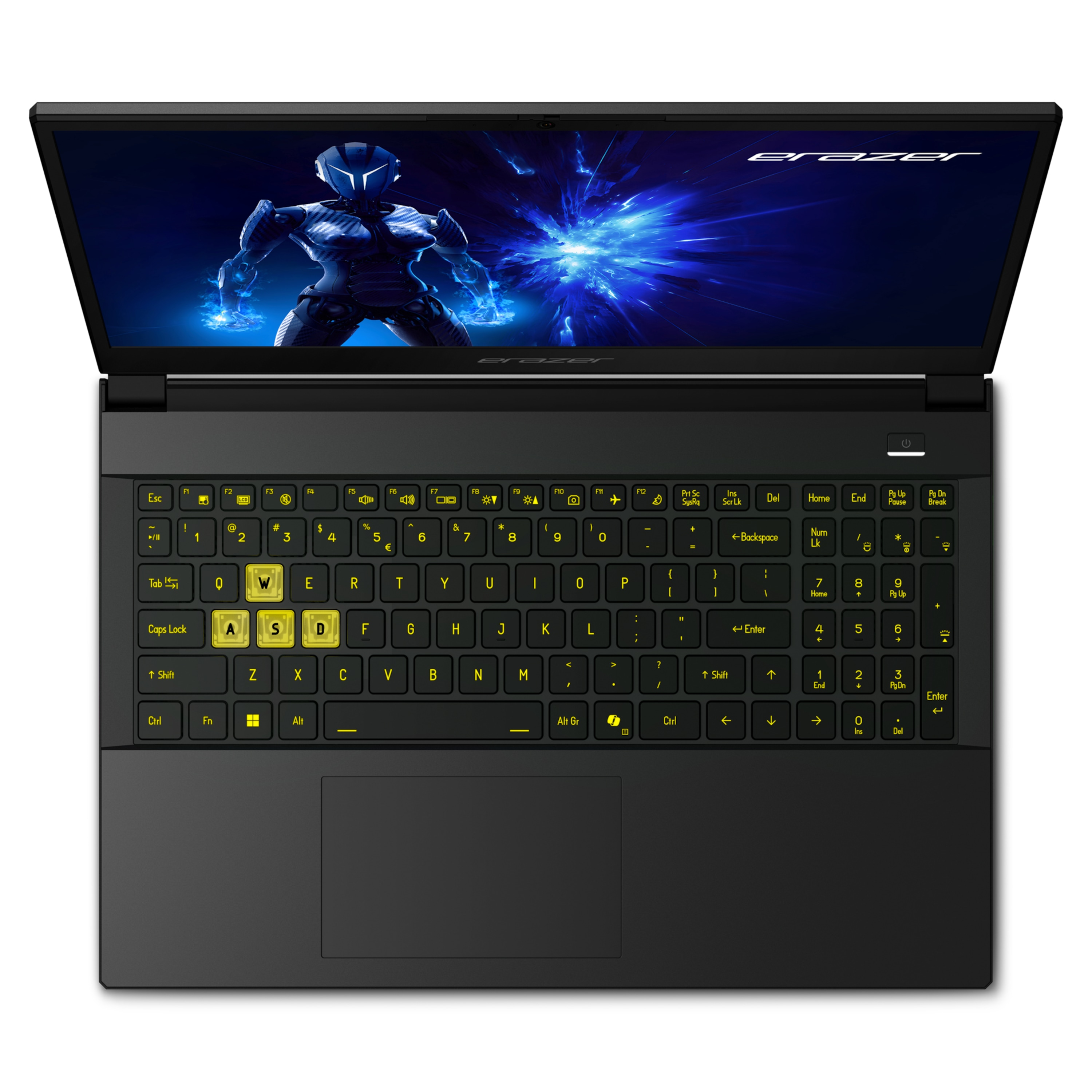 Schwarzer Laptop mit gelb beleuchteten Tasten, auf dem Bildschirm eine futuristische Grafik.