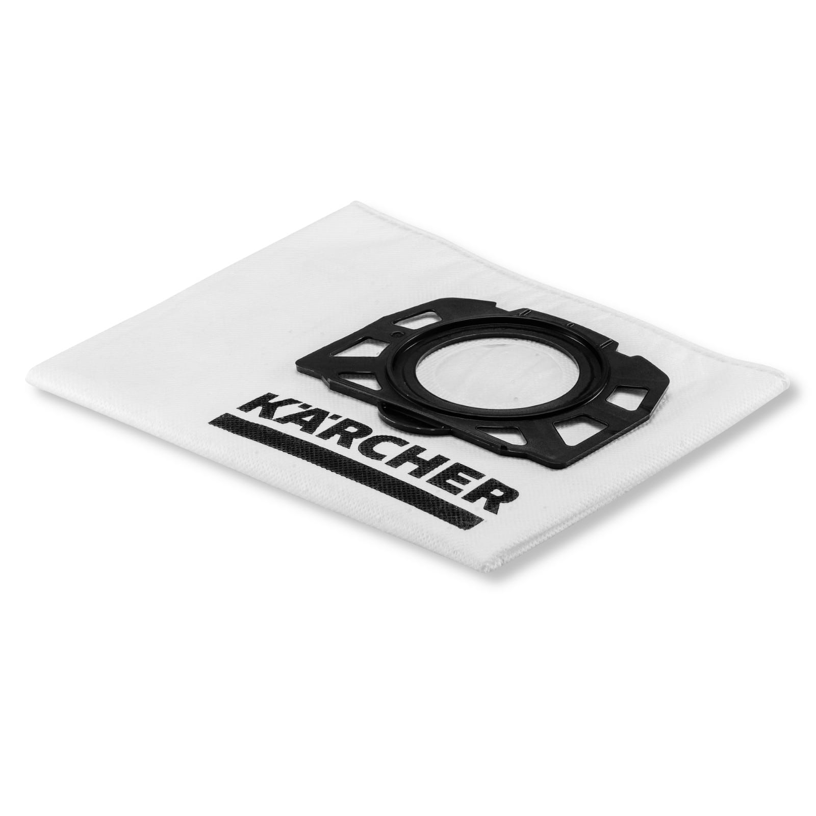 Ein weißer Staubsaugerbeutel mit einem schwarzen Kunststofffilterhalter. Auf dem Beutel steht 'KARCHER' in Schwarz.