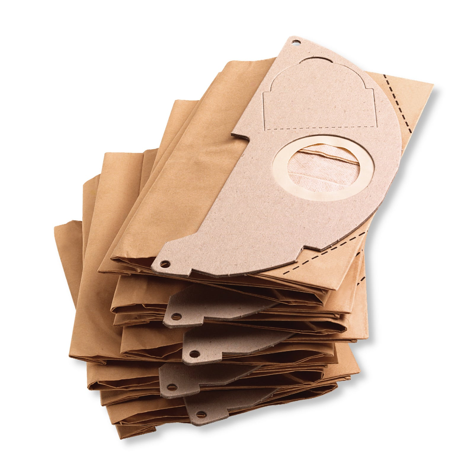 Ein Stapel brauner Papiersaugerbeutel mit einem Pappstück oben. Der Hintergrund ist weiß.