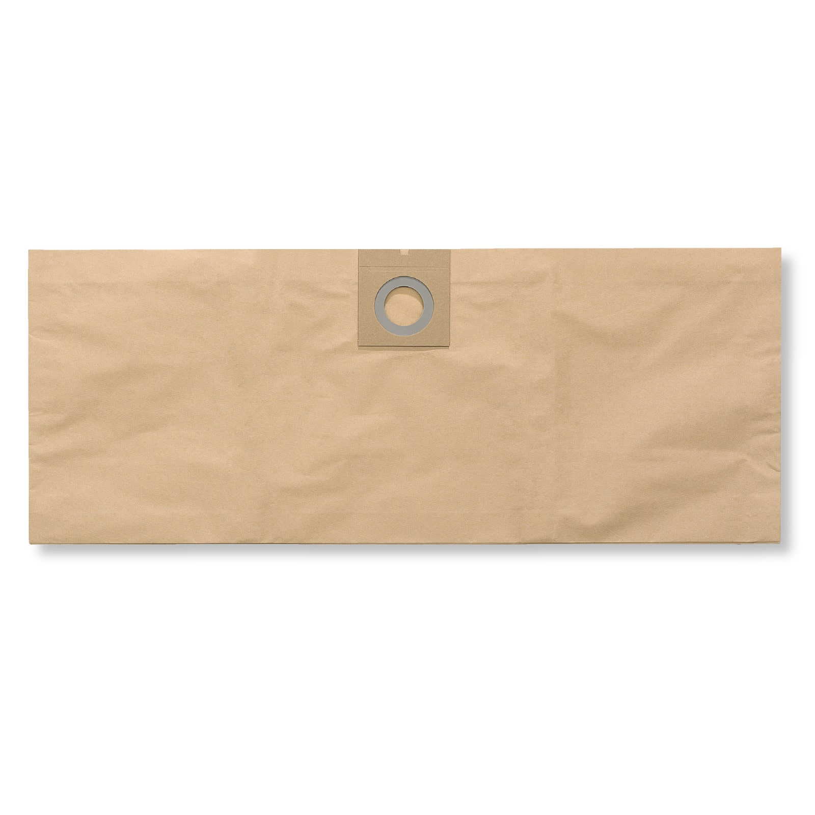 Eine beigefarbene Papiertüte für den Staubsauger liegt flach. Sie hat in der Mitte einen Kreis mit grauem Ring.