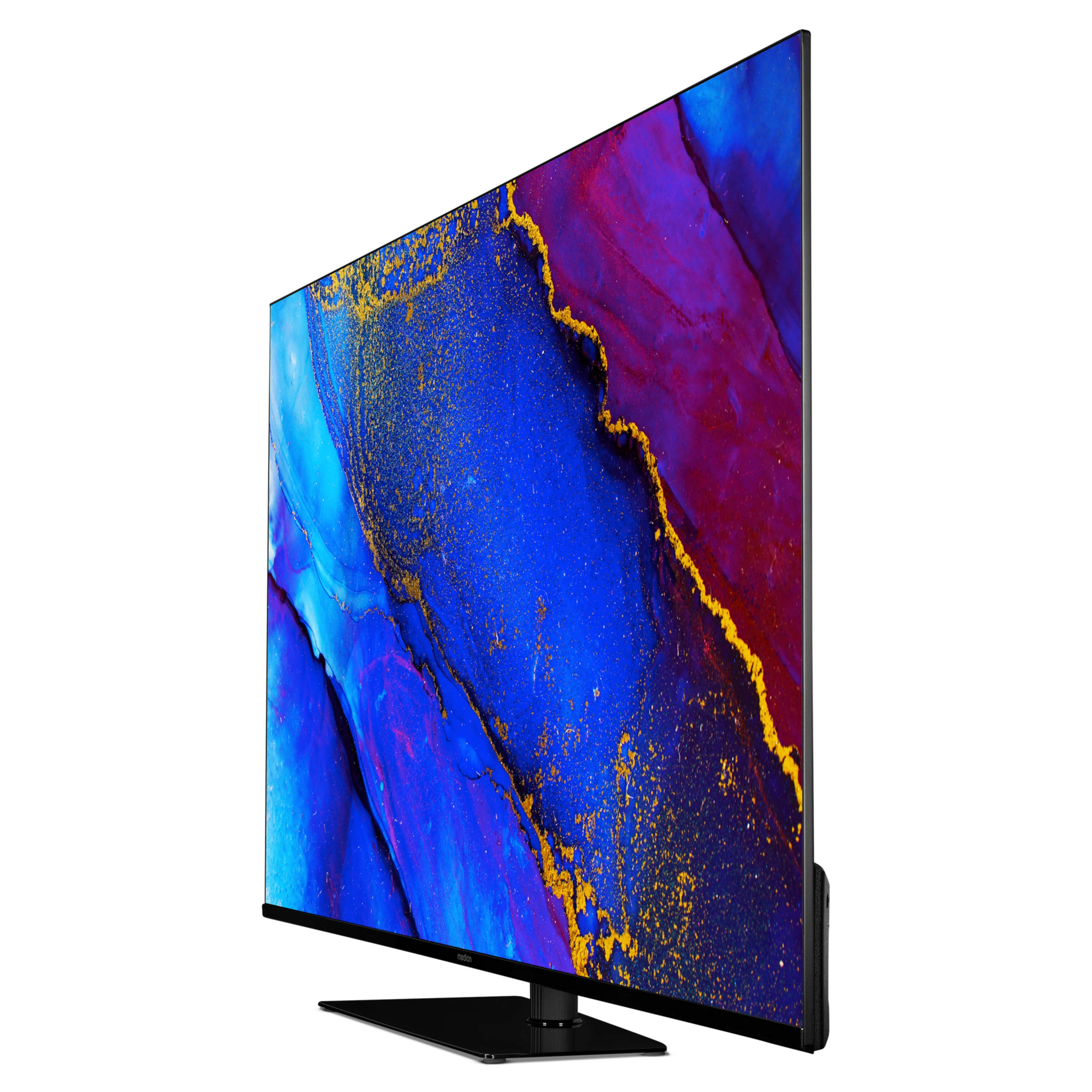 Een grote tv toont kleurrijke abstracte kunst. De tv is zwart, met een standaard. De achtergrond is wit.