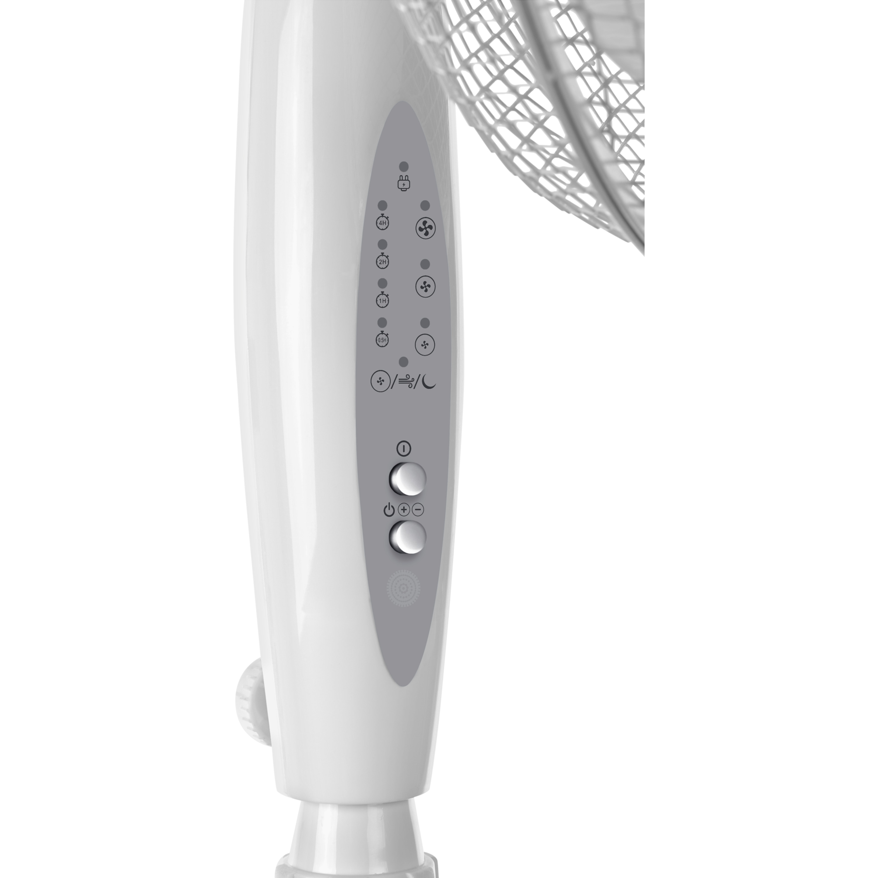 Widoczny jest panel sterowania białego wentylatora. Posiada przyciski i ikony zasilania, prędkości i ustawień timera. Widoczna jest również klatka wentylatora.