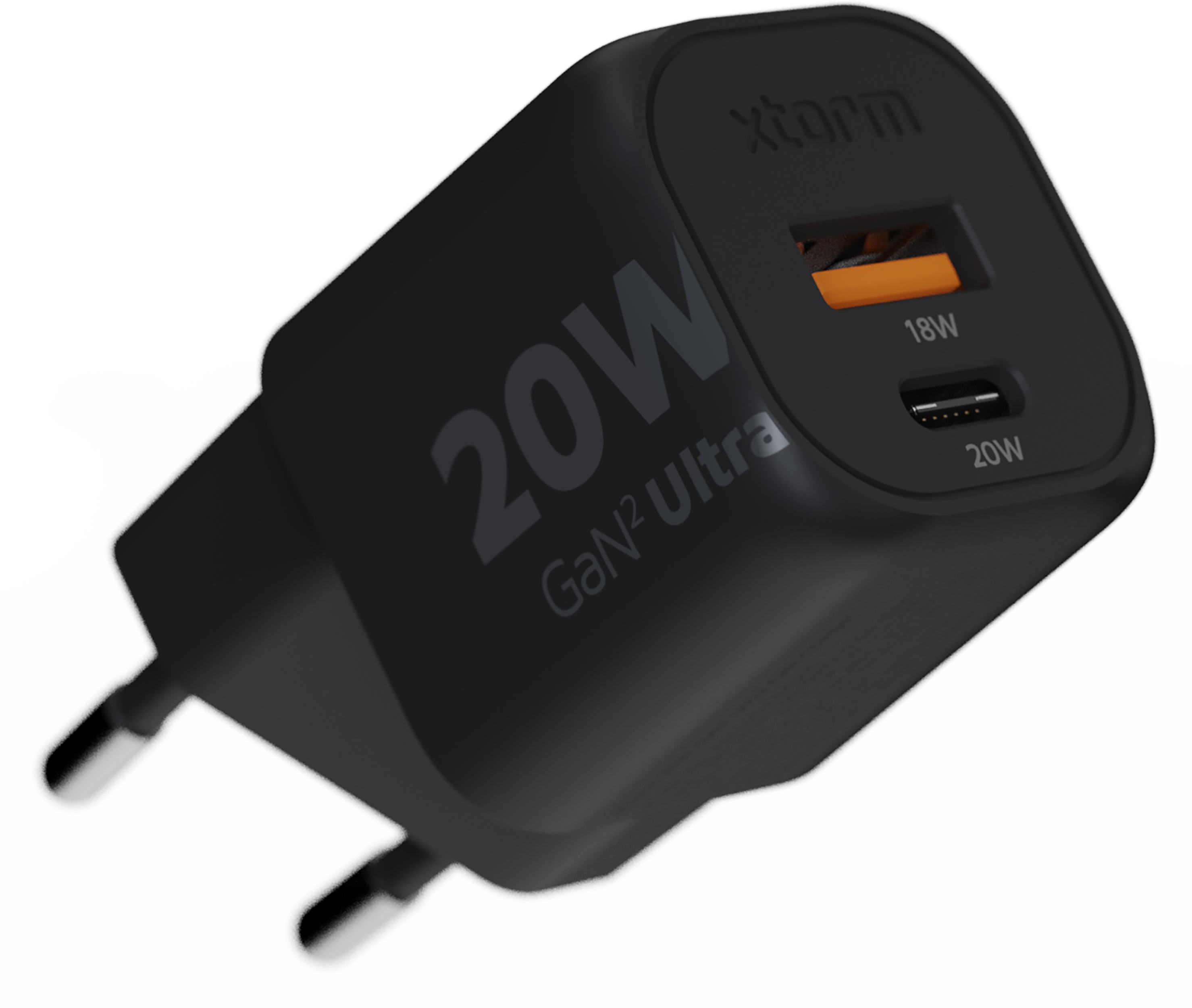 Schwarzes Xtorm 20W GaN-Ladegerät. Es hat zwei Anschlüsse, USB-A und USB-C, mit 18W und 20W.
