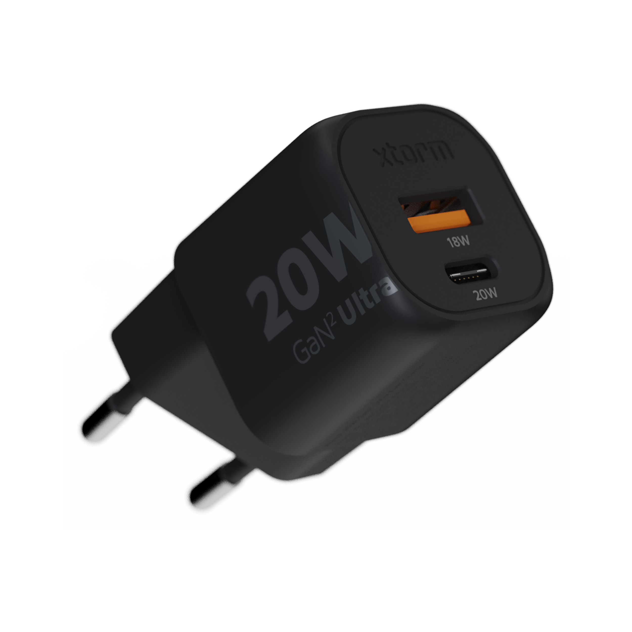 Schwarzes Xtom-Ladegerät mit 20W und GaN² Ultra-Text. Es hat zwei Anschlüsse mit 18W und 20W. Hat einen schwarzen Stecker.