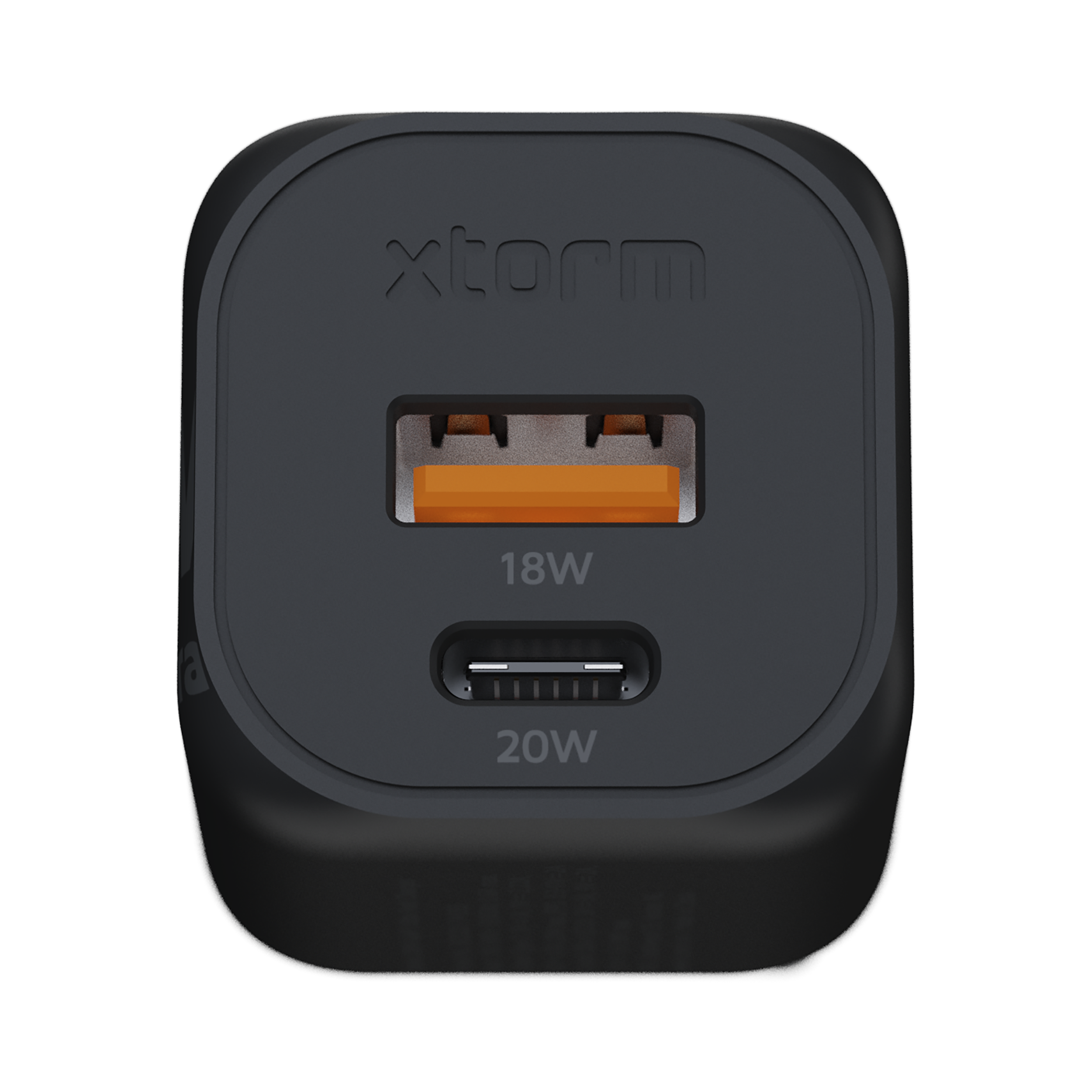 Ein schwarzes X-Storm-Ladegerät mit zwei Anschlüssen. Oberer Anschluss: USB mit orangefarbenem Innenraum. Unterer Anschluss: USB-C. Text: 18W, 20W.