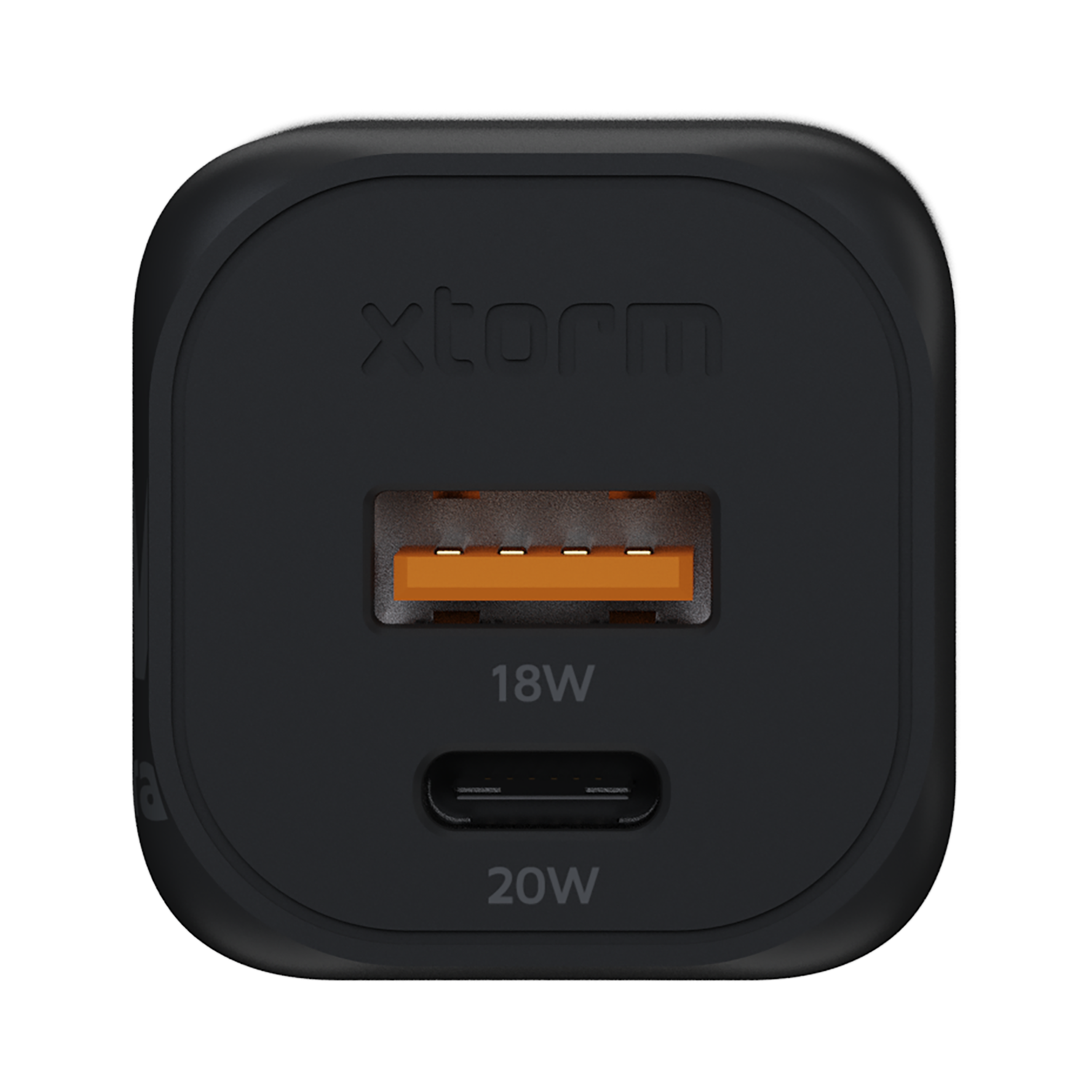 Schwarzes Xtom-Ladegerät mit USB- und USB-C-Anschlüssen. Es hat einen orangefarbenen USB-Anschluss und Leistungsangaben von 18 W und 20 W.