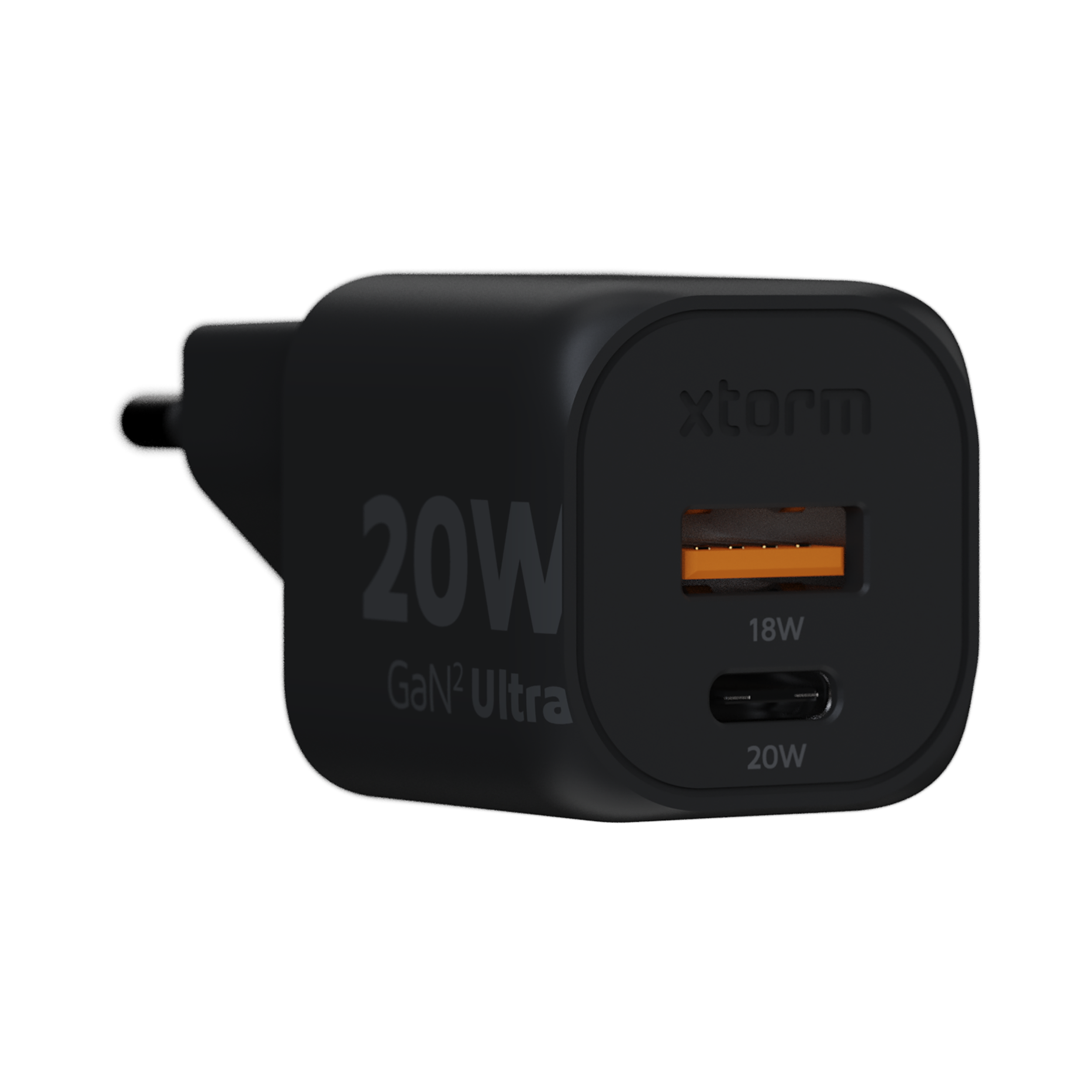 Schwarzes Xstorm 20W GaN-Ladegerät. Es hat einen USB-C- und einen USB-A-Anschluss. Das Ladegerät hat 20W- und 18W-Anzeigen.
