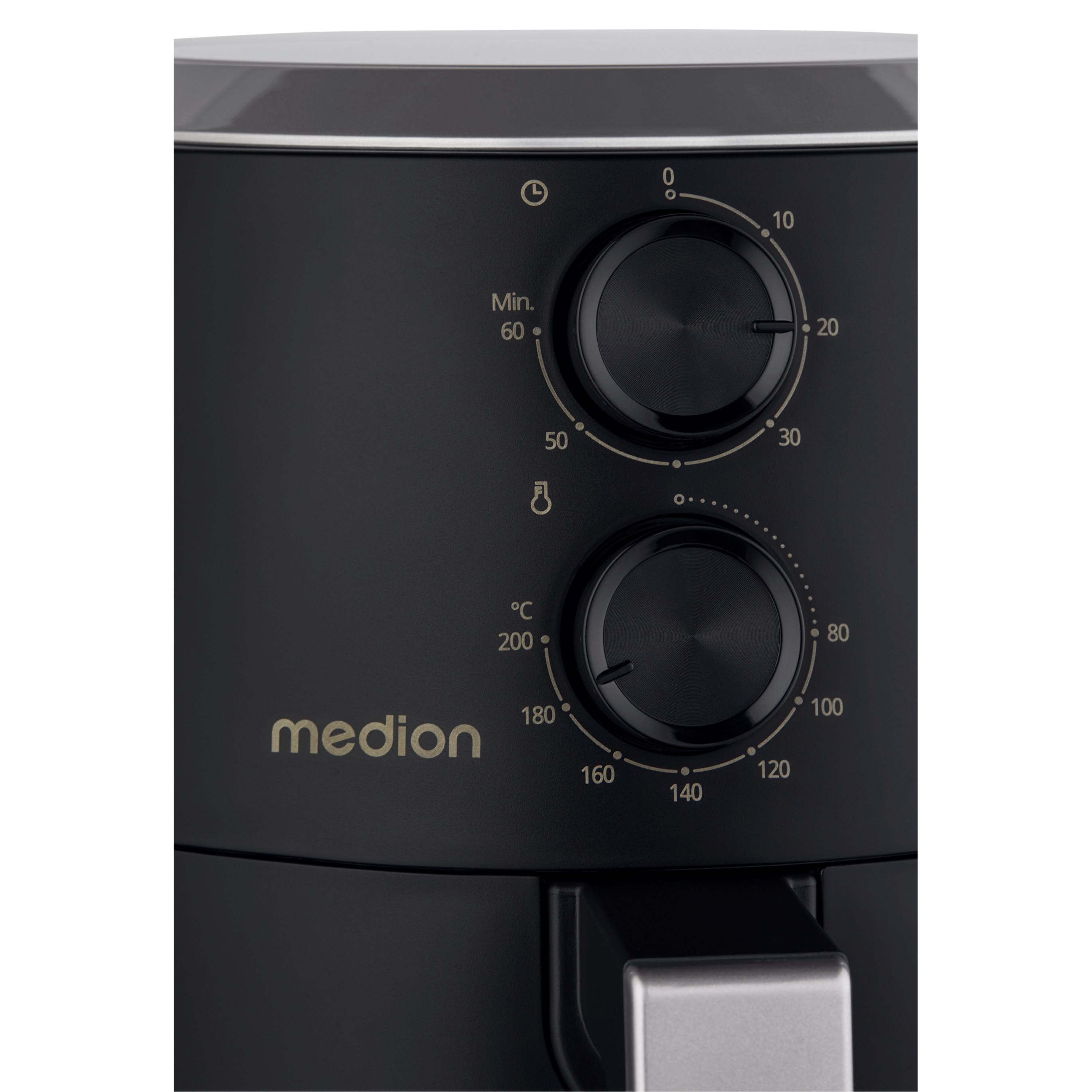 Close-up van een zwart bedieningspaneel van een airfryer met twee draaiknoppen voor tijd en temperatuur, en de merknaam 'medion'.