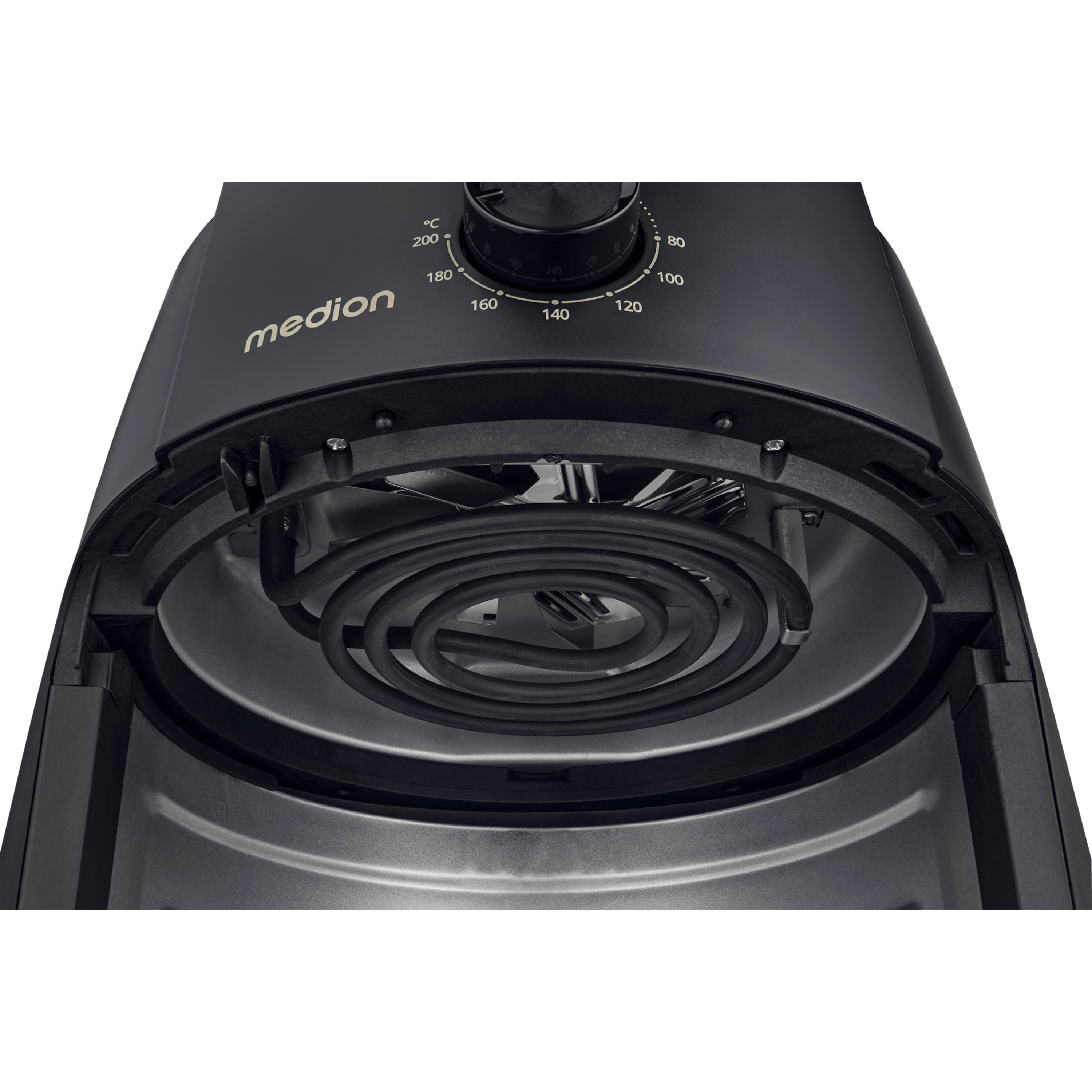 Een zwarte airfryer met een temperatuurregelaar. Het verwarmingselement en de ventilator zijn zichtbaar. Merk is 'medion'.