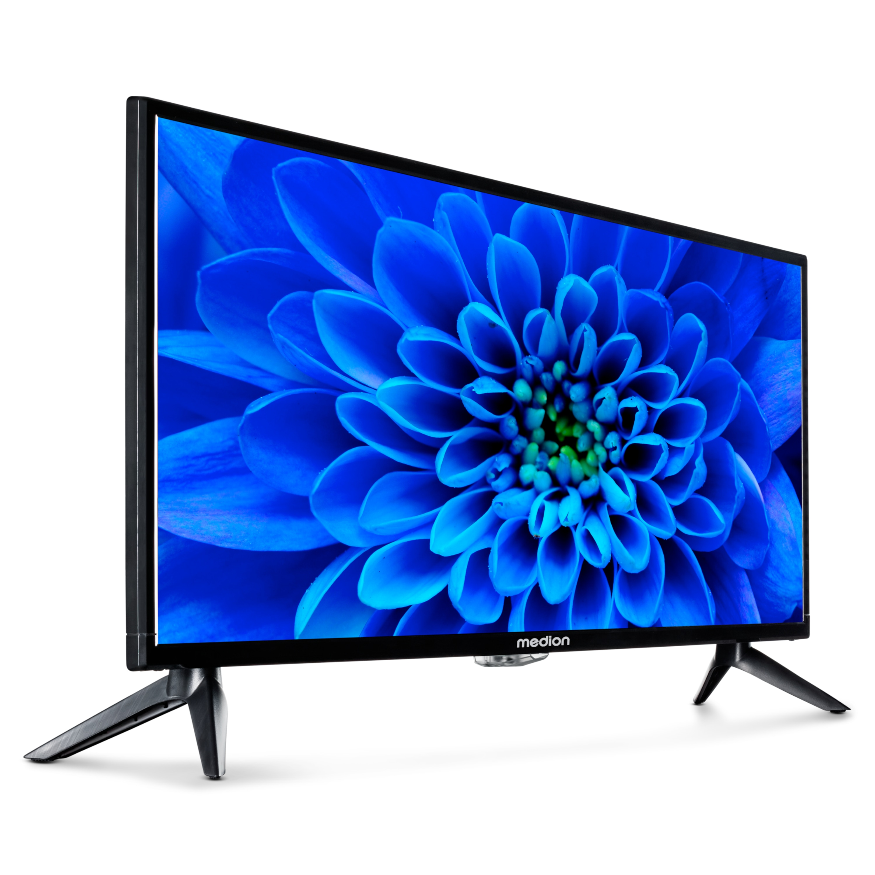 Een tv met zwarte rand toont een blauwe bloem. Hij staat op twee zwarte poten tegen een witte achtergrond.