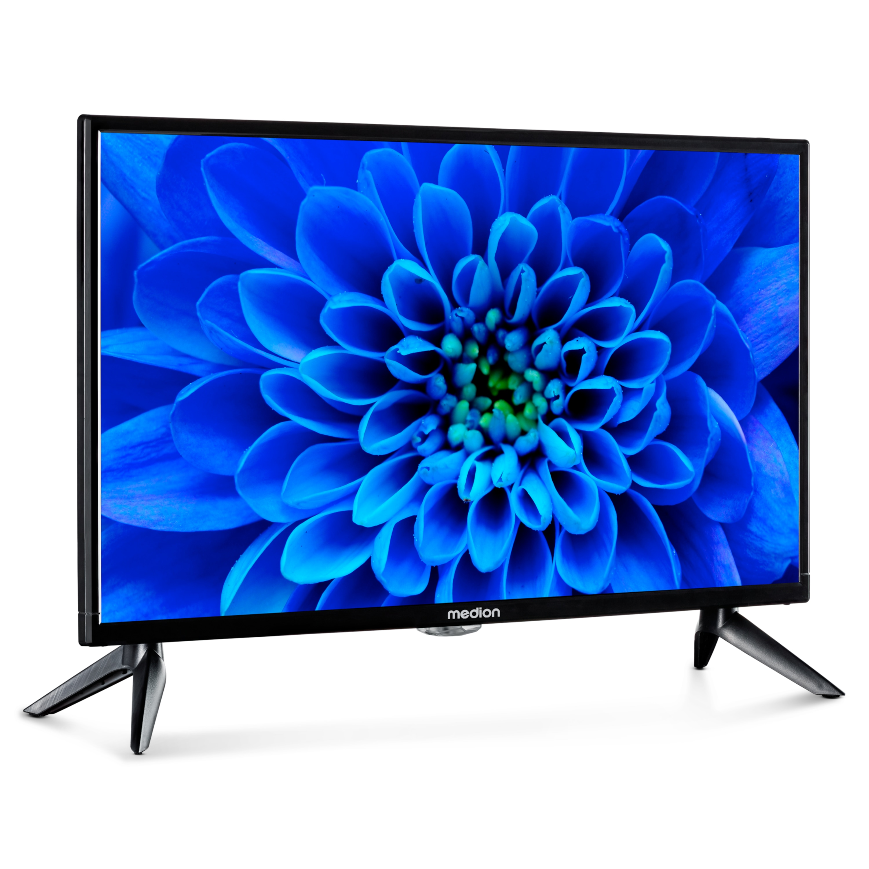 Tv met blauw bloemenscherm. Het heeft een zwart frame en poten, en het merk is medion.