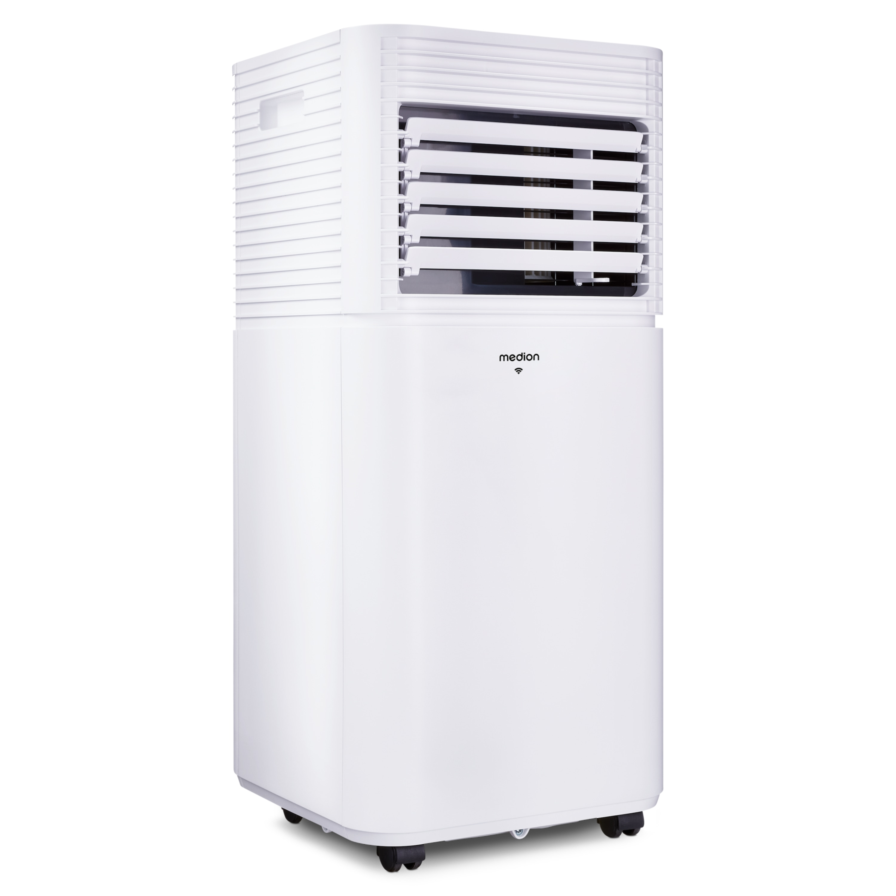 A white Medion air cooler. It is rectangular with a top section of horizontal slats and sits on wheels.