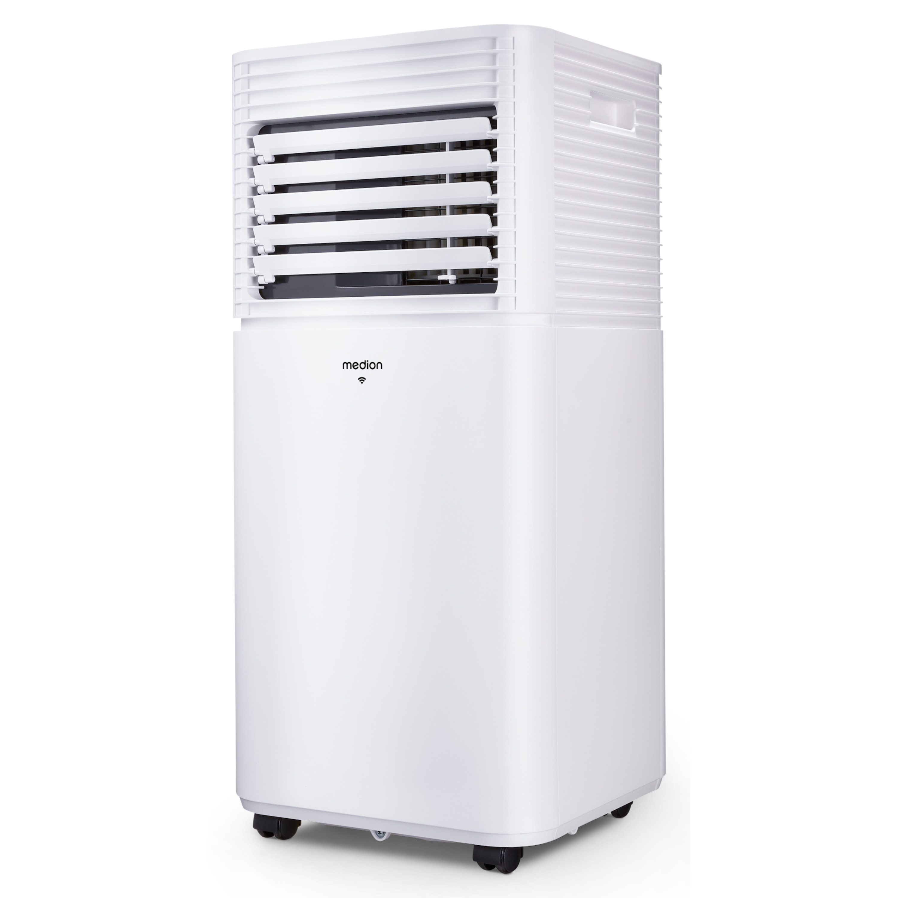 A white Medion portable air conditioner. It has a slatted top and is on wheels.