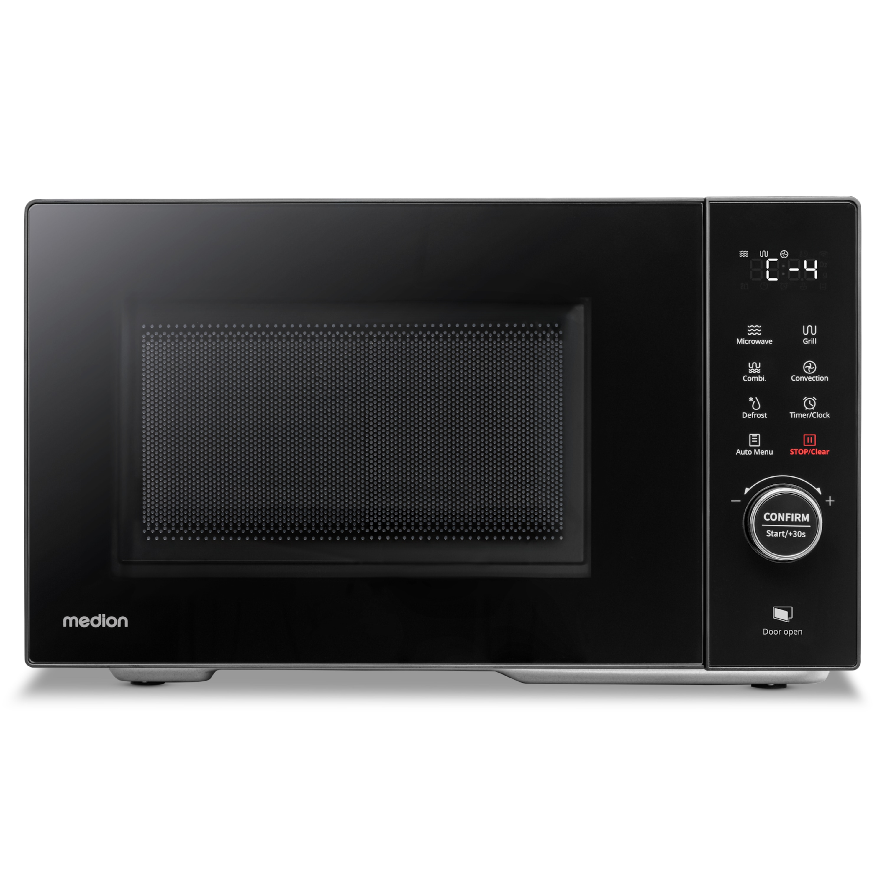 Forno a microonde Medion nero. Ha un display digitale, pulsanti e una porta.