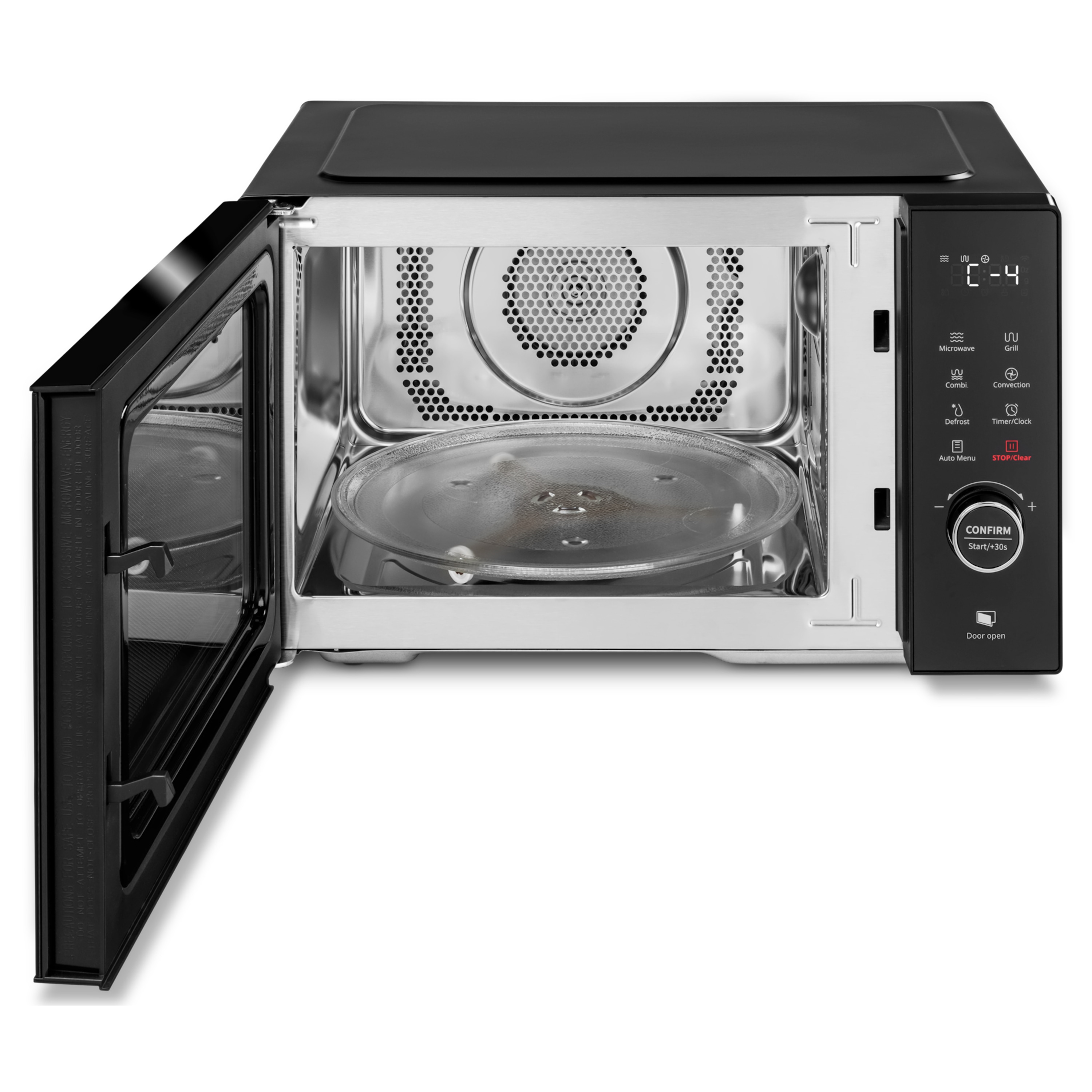 Un forno a microonde nero con la porta aperta. Un piatto di vetro all'interno. Pannello di controllo a destra.