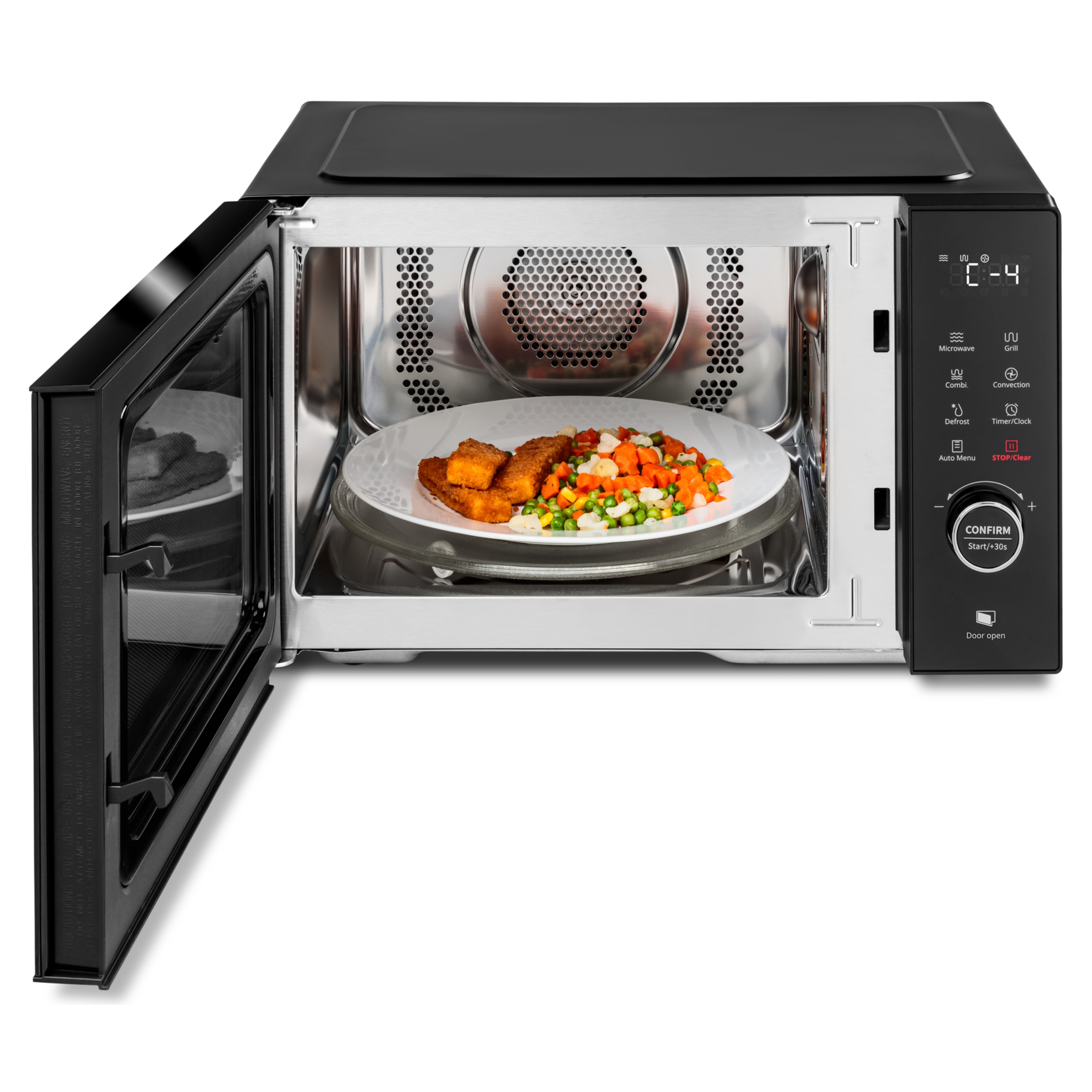 Un forno a microonde con la porta aperta, che mostra cibo su un piatto. Lo schermo mostra l'ora e le opzioni di cottura.
