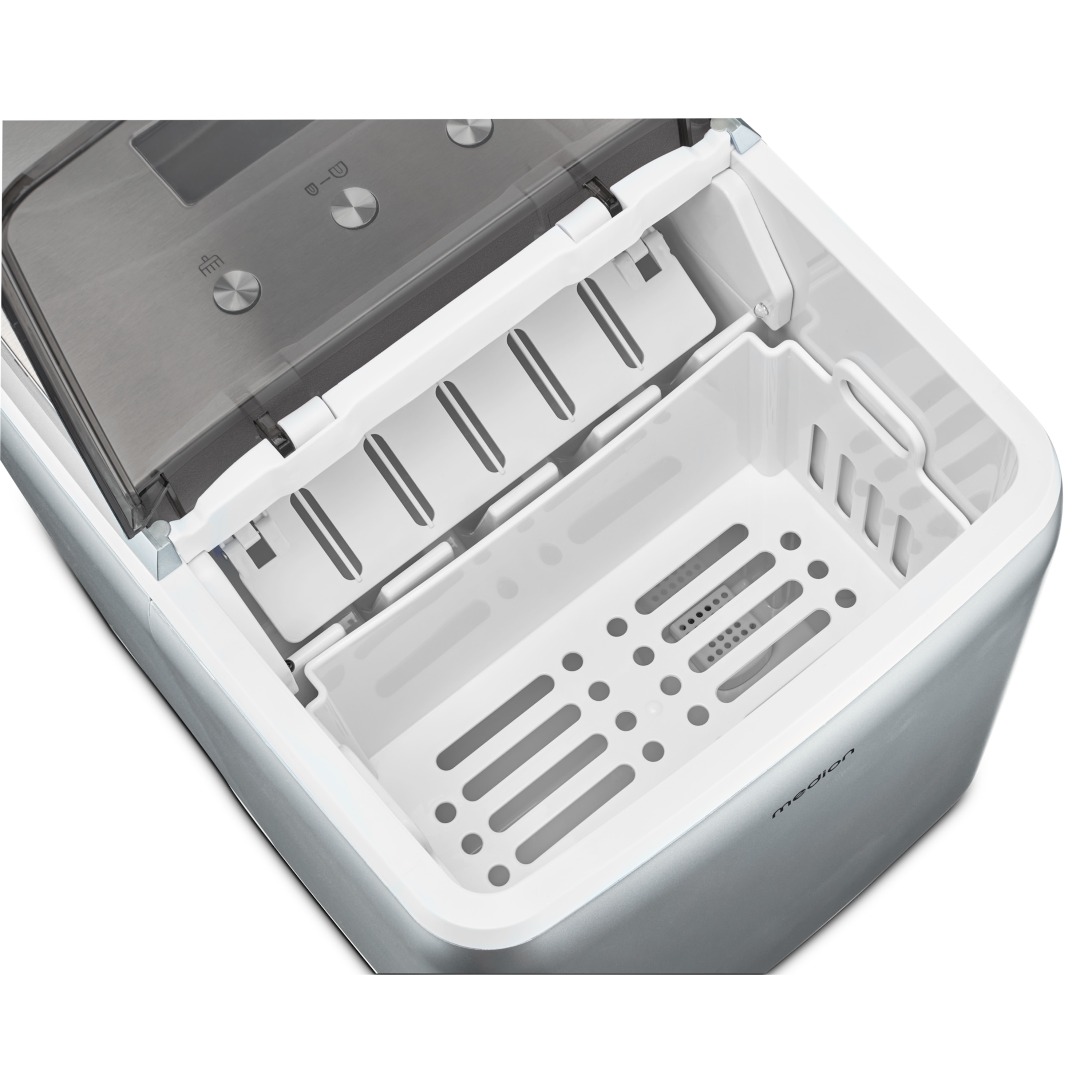 Otwarta kostkarka do lodu z szarą pokrywą. Wewnątrz znajdują się białe plastikowe elementy, w tym tace i schowek.