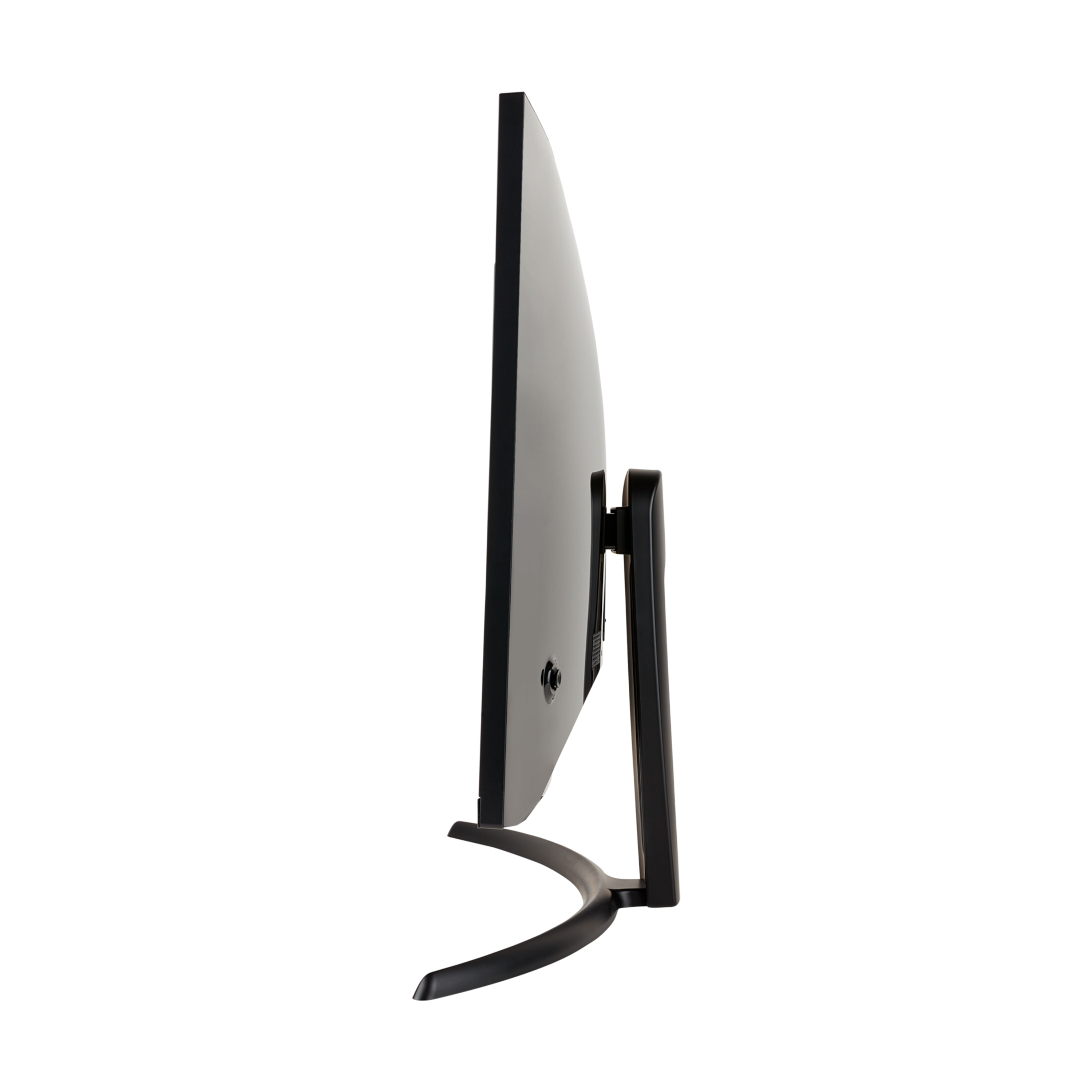 Een gebogen zwarte computermonitor op een witte achtergrond. De monitor staat op een zwarte standaard.