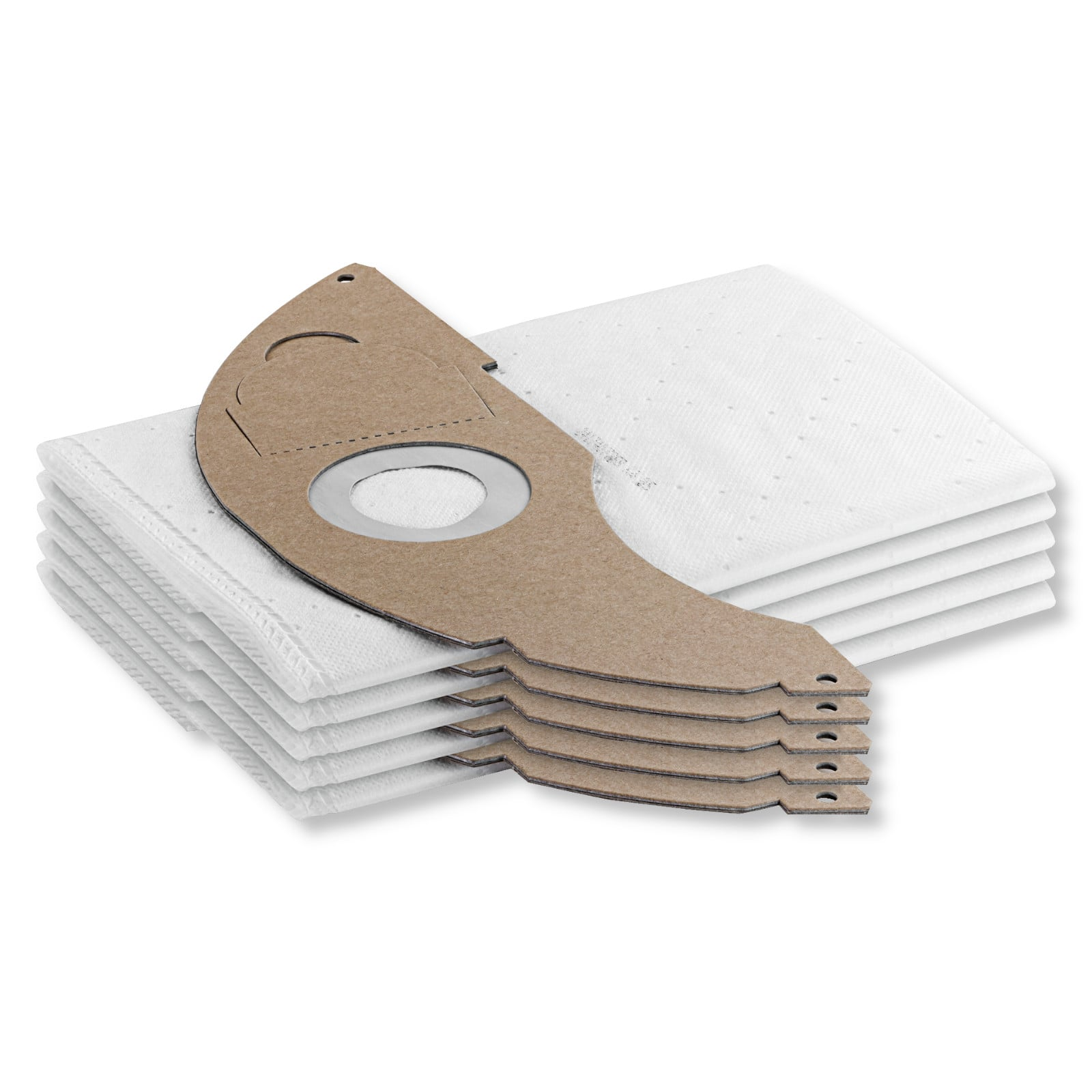 Stapel weißer Staubsaugerbeutel mit braunem Kartonteil. Das Oberteil hat einen Metallring und Aussparungen.