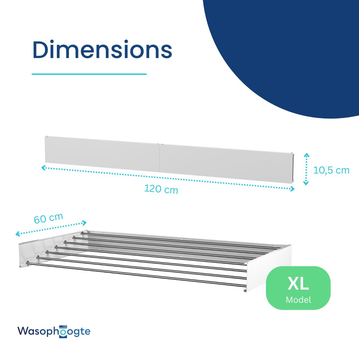 Diagramme montrant les dimensions d'un séchoir à linge blanc : 120 cm de long, 10,5 cm de haut et 60 cm de large. Étiquette modèle XL.