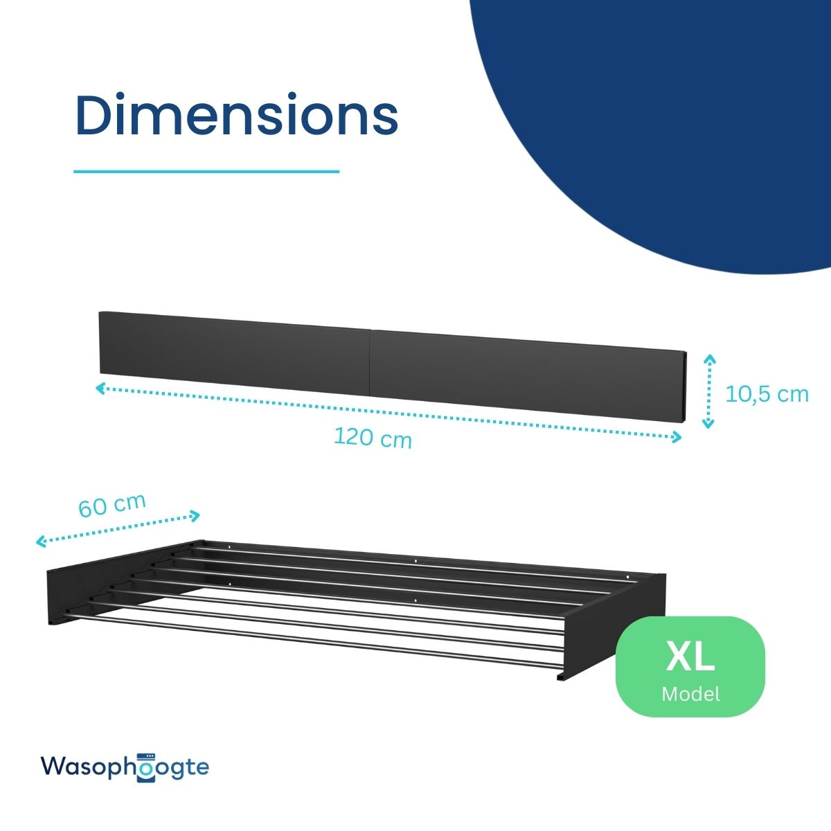 Le schéma montre les dimensions d'un cadre de lit noir. Il mesure 120 cm de long et 10,5 cm de haut, avec une base de 60 cm de large. Le modèle est XL.