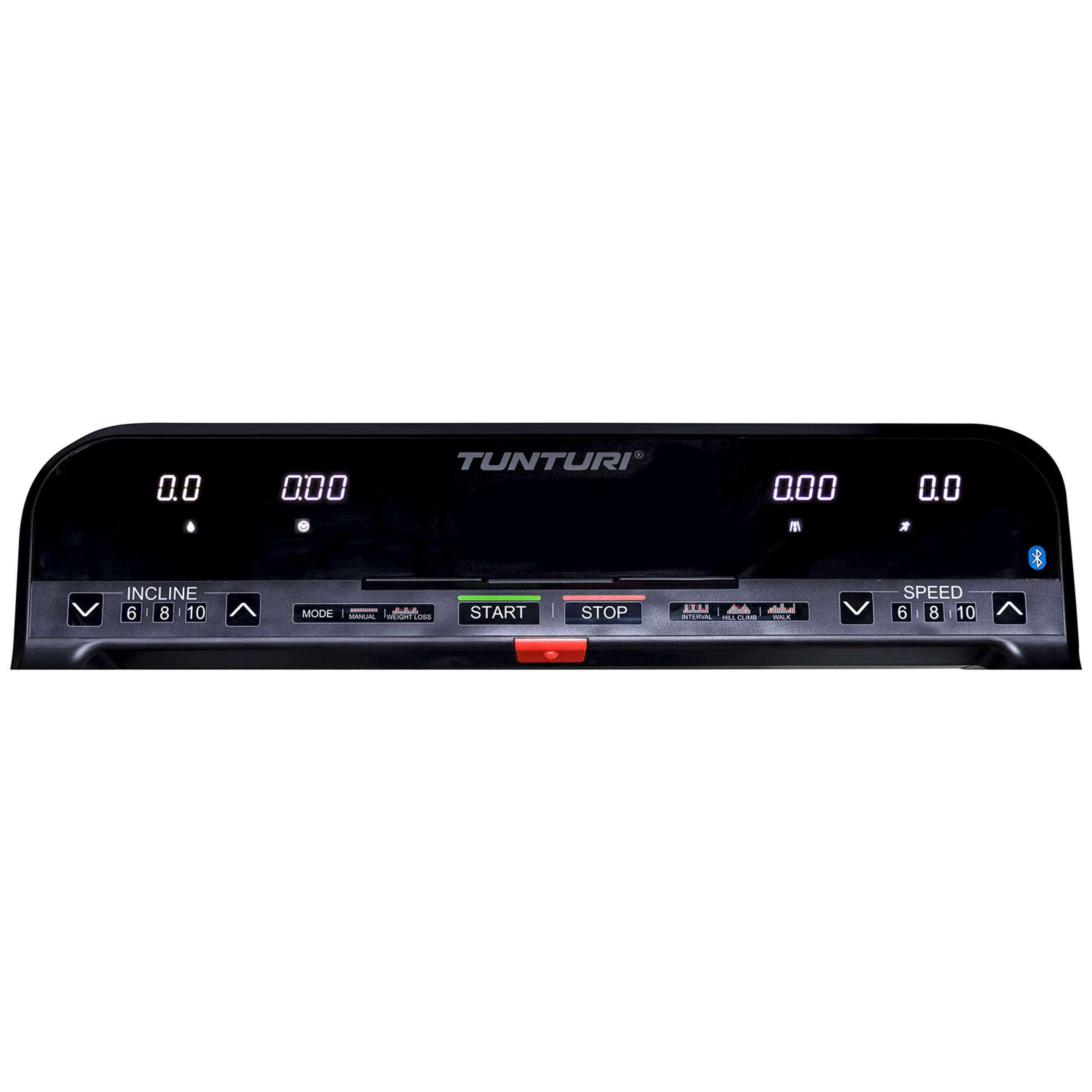Zwart bedieningspaneel van de loopband met digitale displays, knoppen voor helling, snelheid, start en stop, en het Tunturi-logo.