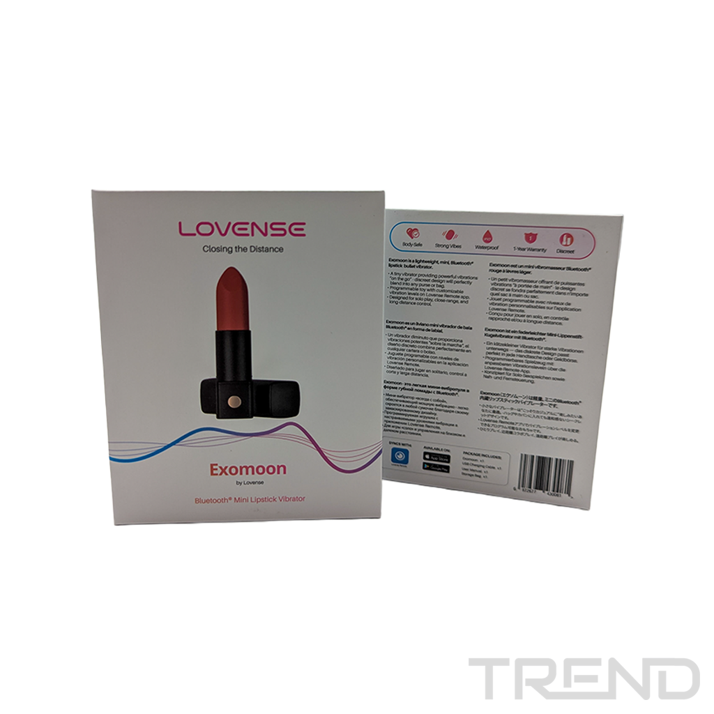 Eine Schachtel mit einem Lippenstiftvibrator. Die Schachtel ist weiß mit Text. Dahinter befindet sich eine zweite Schachtel.