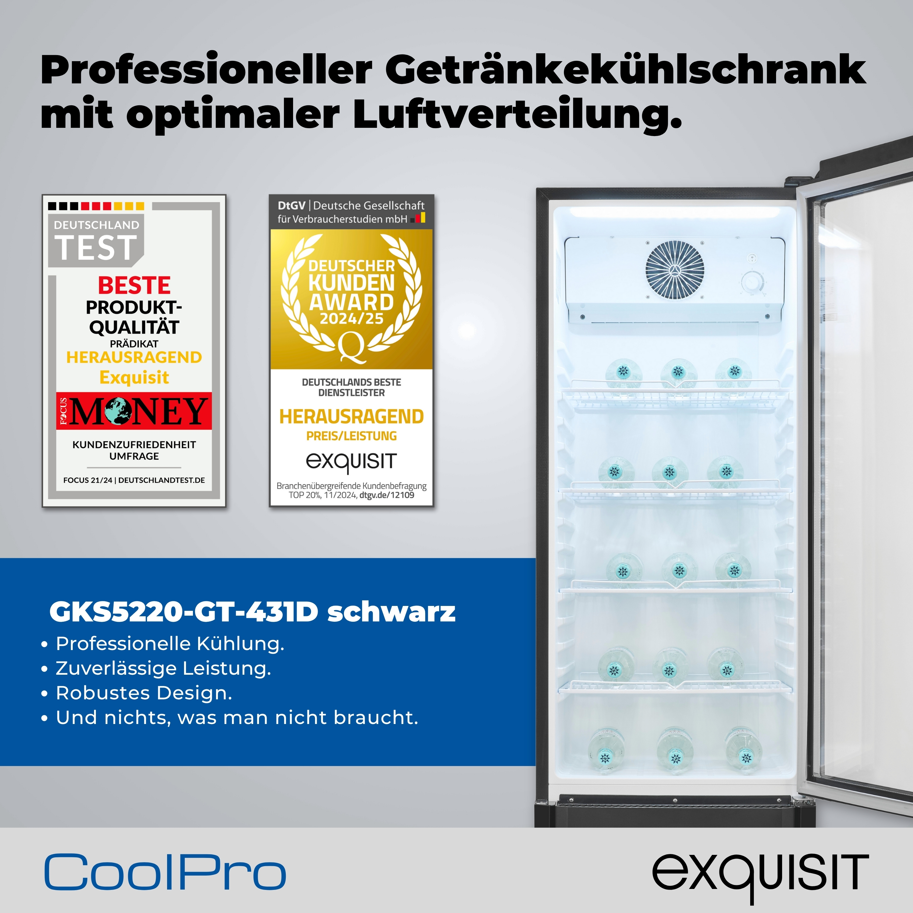 Ein gewerblicher Kühlschrank mit Flaschen. Auszeichnungen und Text links. Die Tür ist leicht geöffnet.