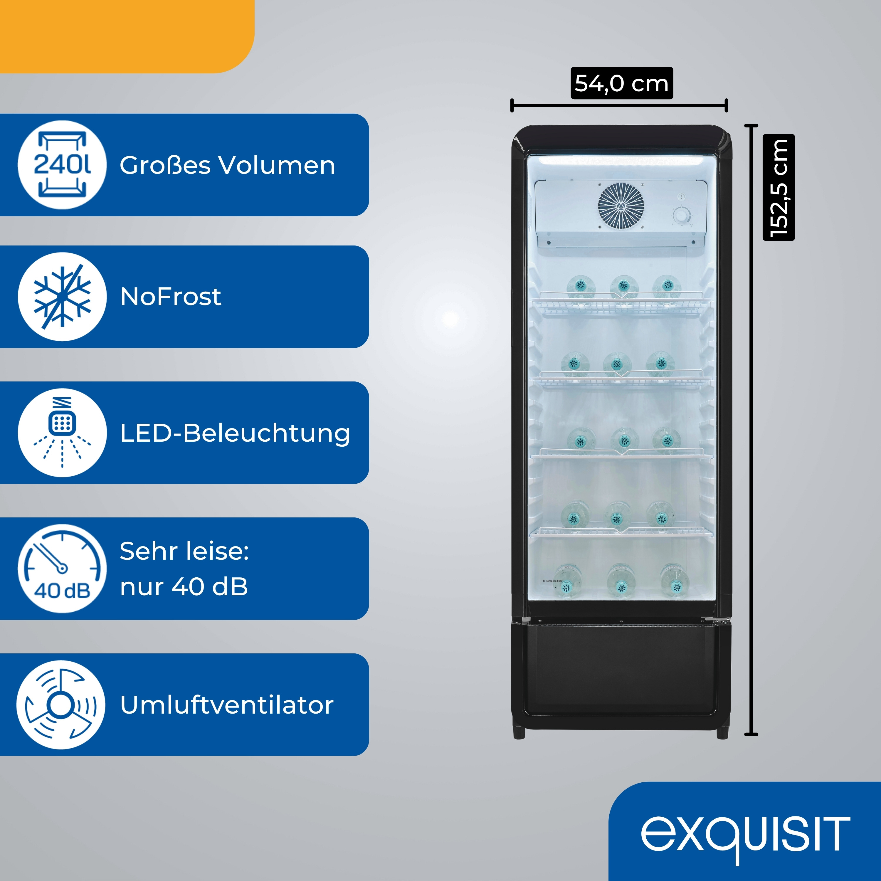 Ein schwarzer Exquisit-Kühlschrank mit Wasserflaschen. Er hat die Maße 54,0 cm x 152,5 cm. Text sagt NoFrost, LED-Beleuchtung.