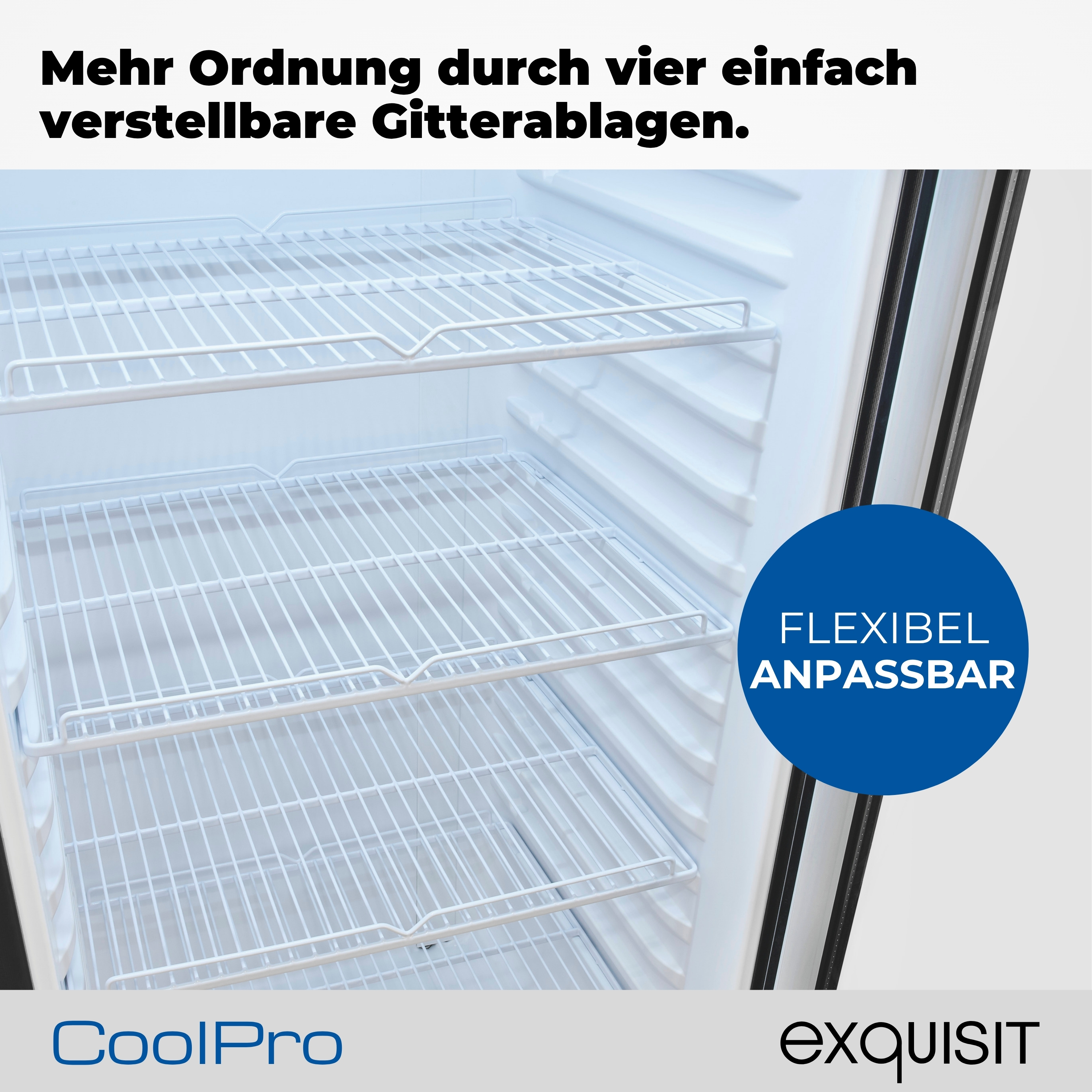 Innenraum eines weißen Kühlschranks mit Drahtregalen. Text lautet: 'Flexibel, anpassbar' und 'CoolPro' mit dem 'exquisit'-Logo.