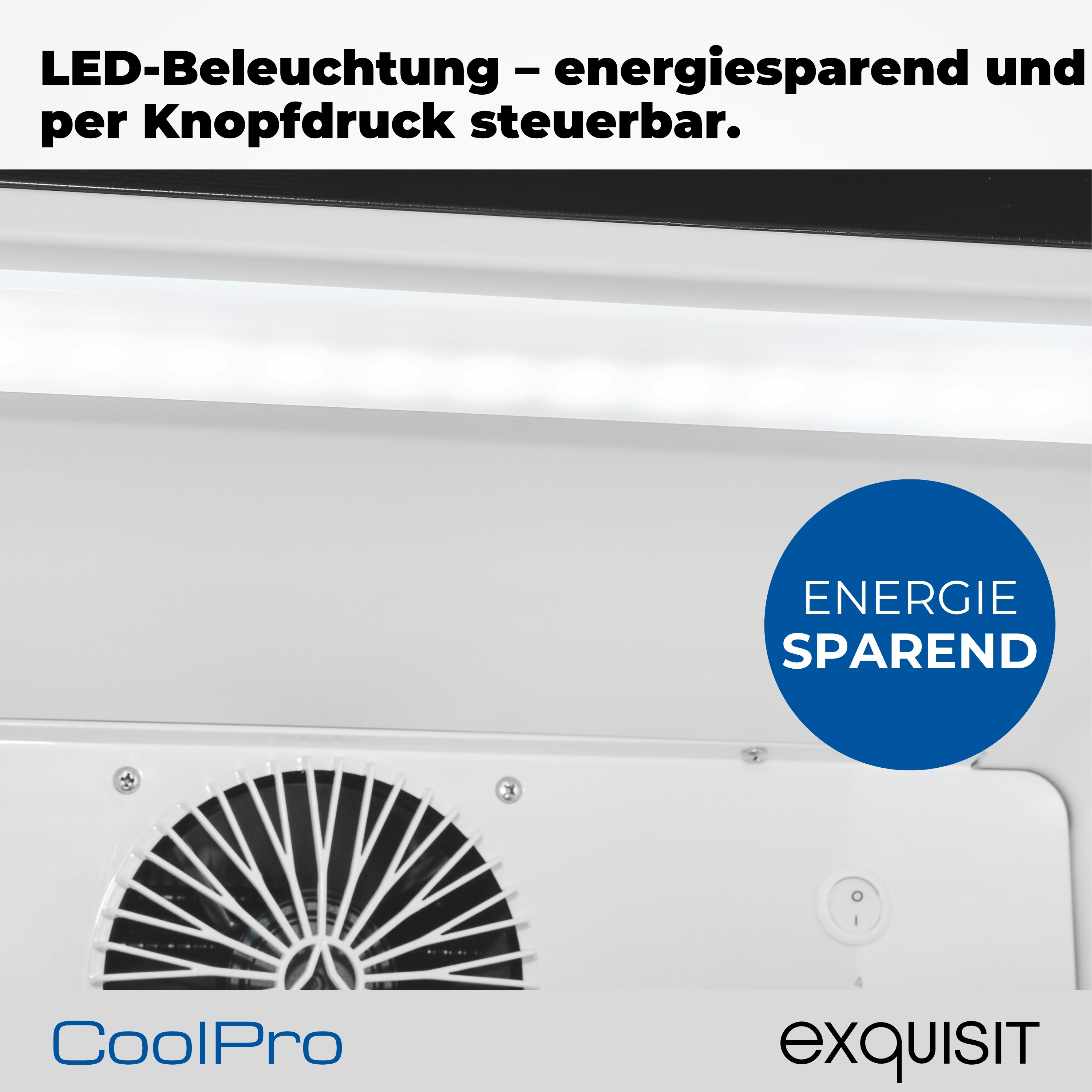 Weißes Gerät mit Ventilator, blauer Kreis mit weißem Text und Text oben.